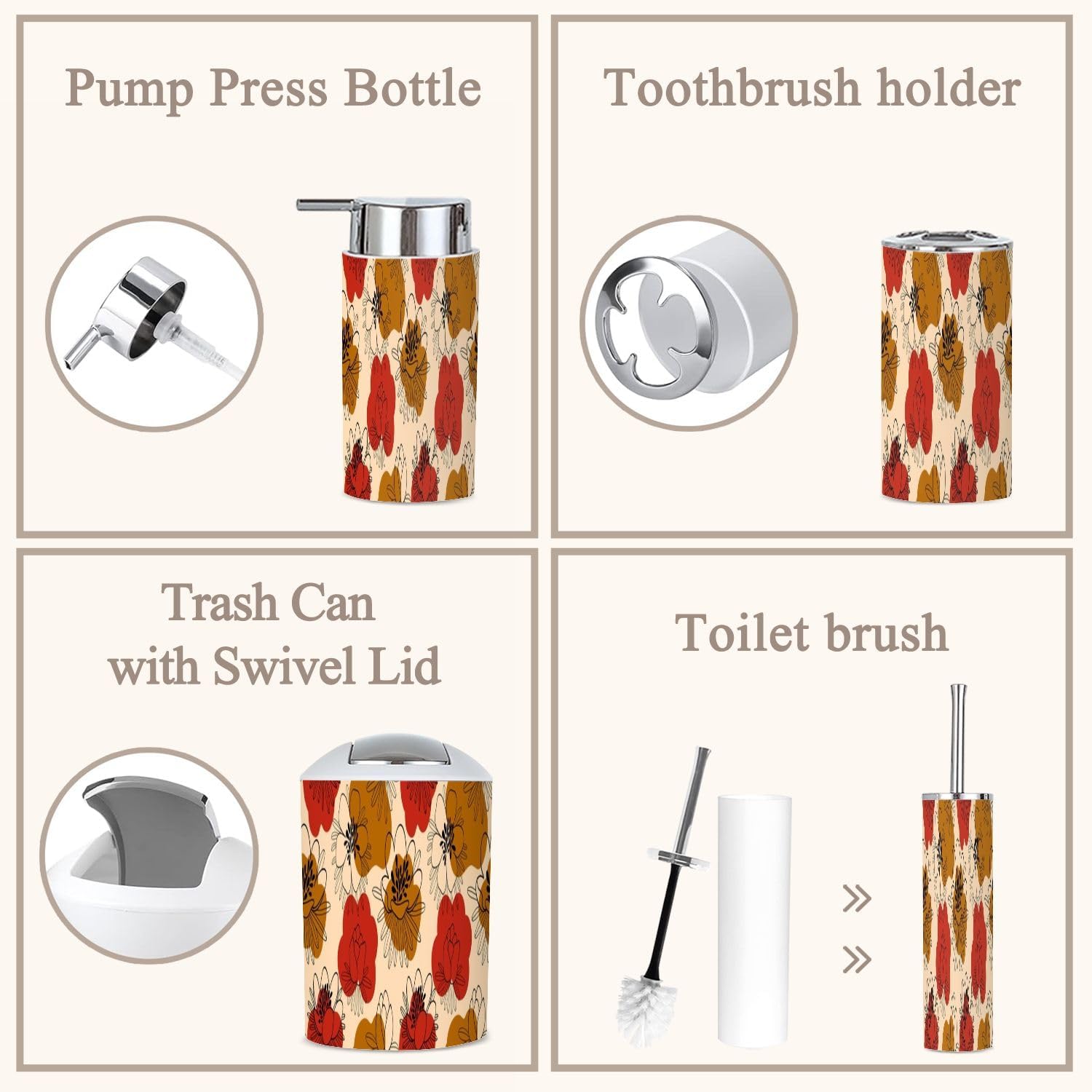 6 Piece Boho Bathroom Accessories Set with Flowers Design