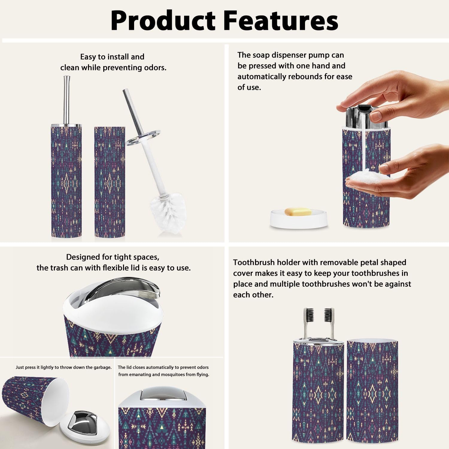 Boho Geometric Bathroom Accessories Set of 6