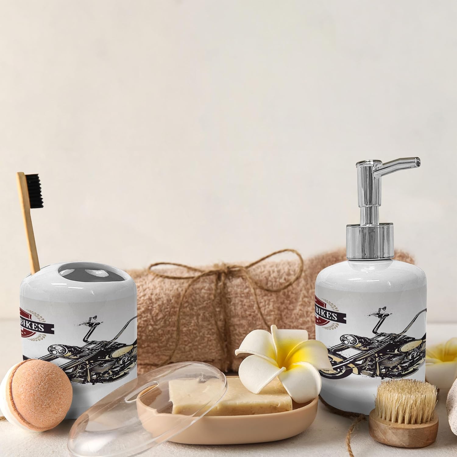 Ambesonne Ceramic Soap Dispenser Toothbrush Holder Set Black Beige