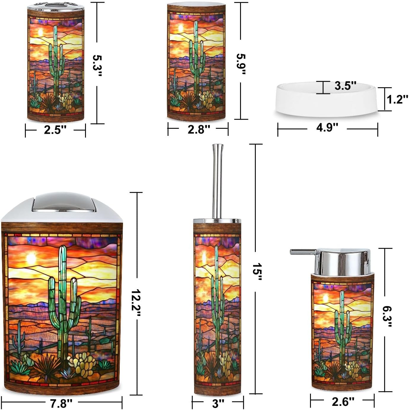 6 Piece Bathroom Accessories Set Textured Sunset Cactus Art