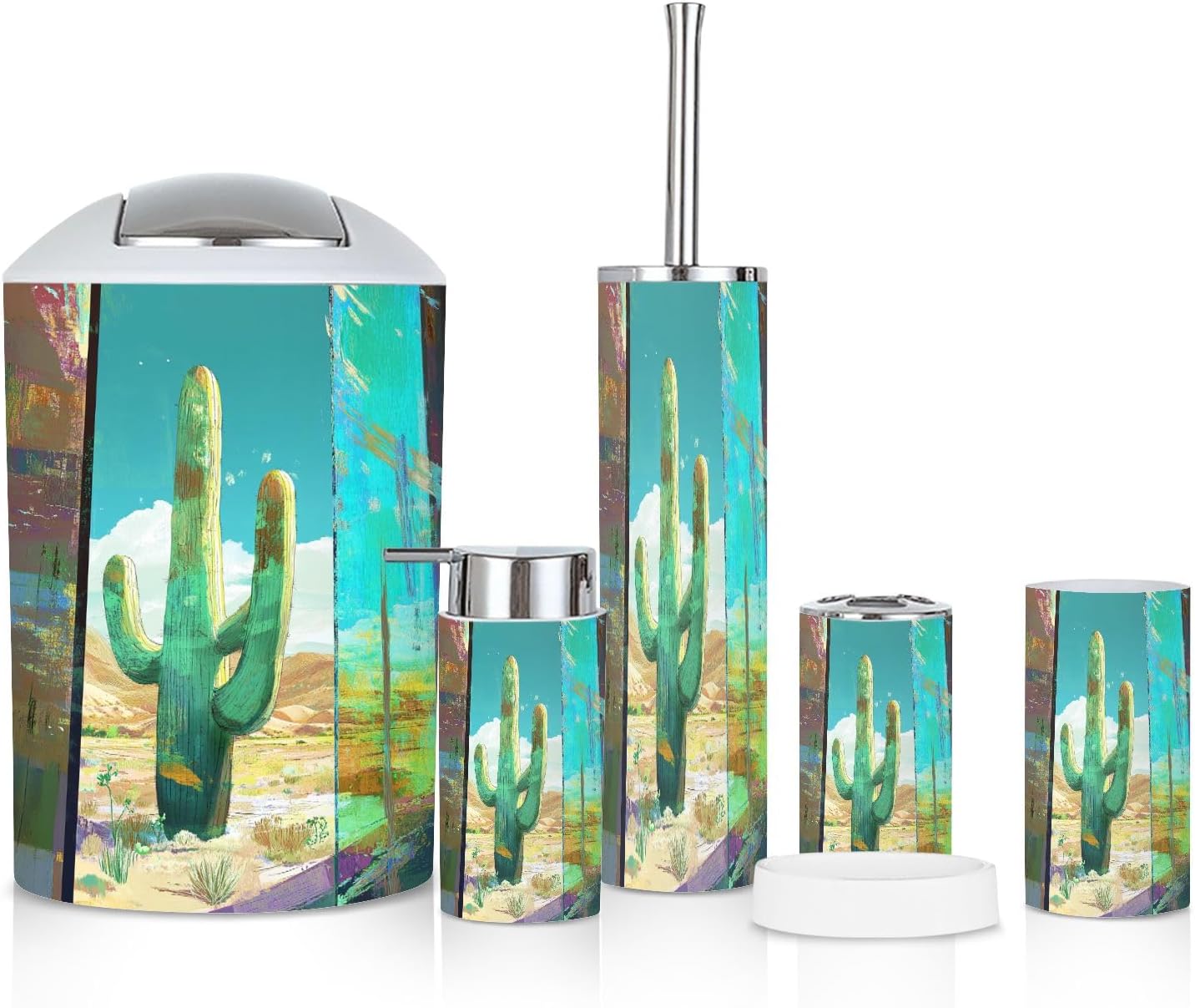 6-Piece Boho Bathroom Accessories Set with Cactus Design