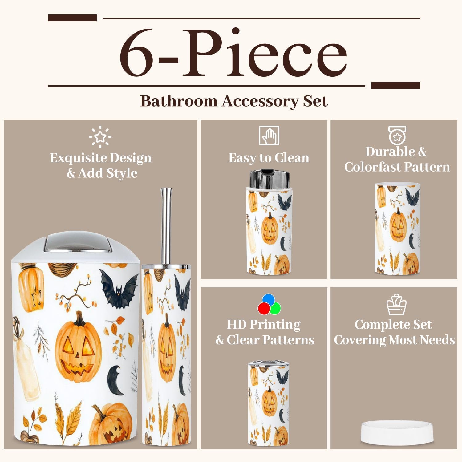 6 Piece Bathroom Accessories Set for Halloween and Thanksgiving