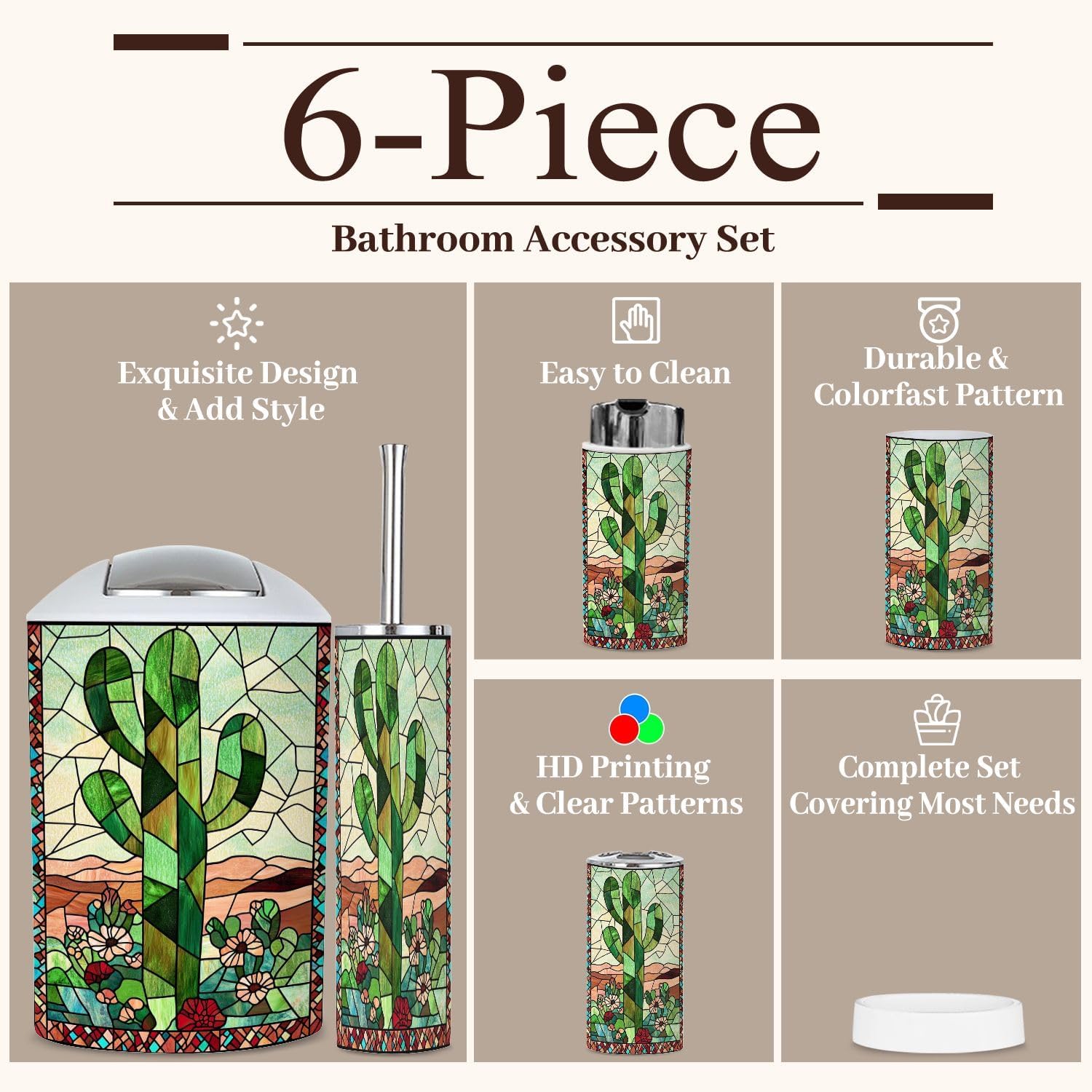 6 Piece Vibrant Stained Glass Bathroom Accessories Set