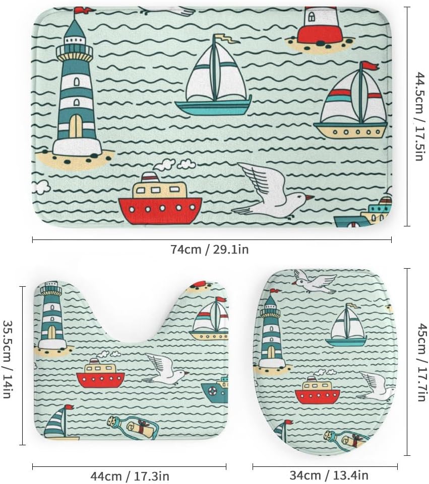 Kuizee 4-Piece Shower Curtain Set with Non-Slip Rugs and Lighthouses Design
