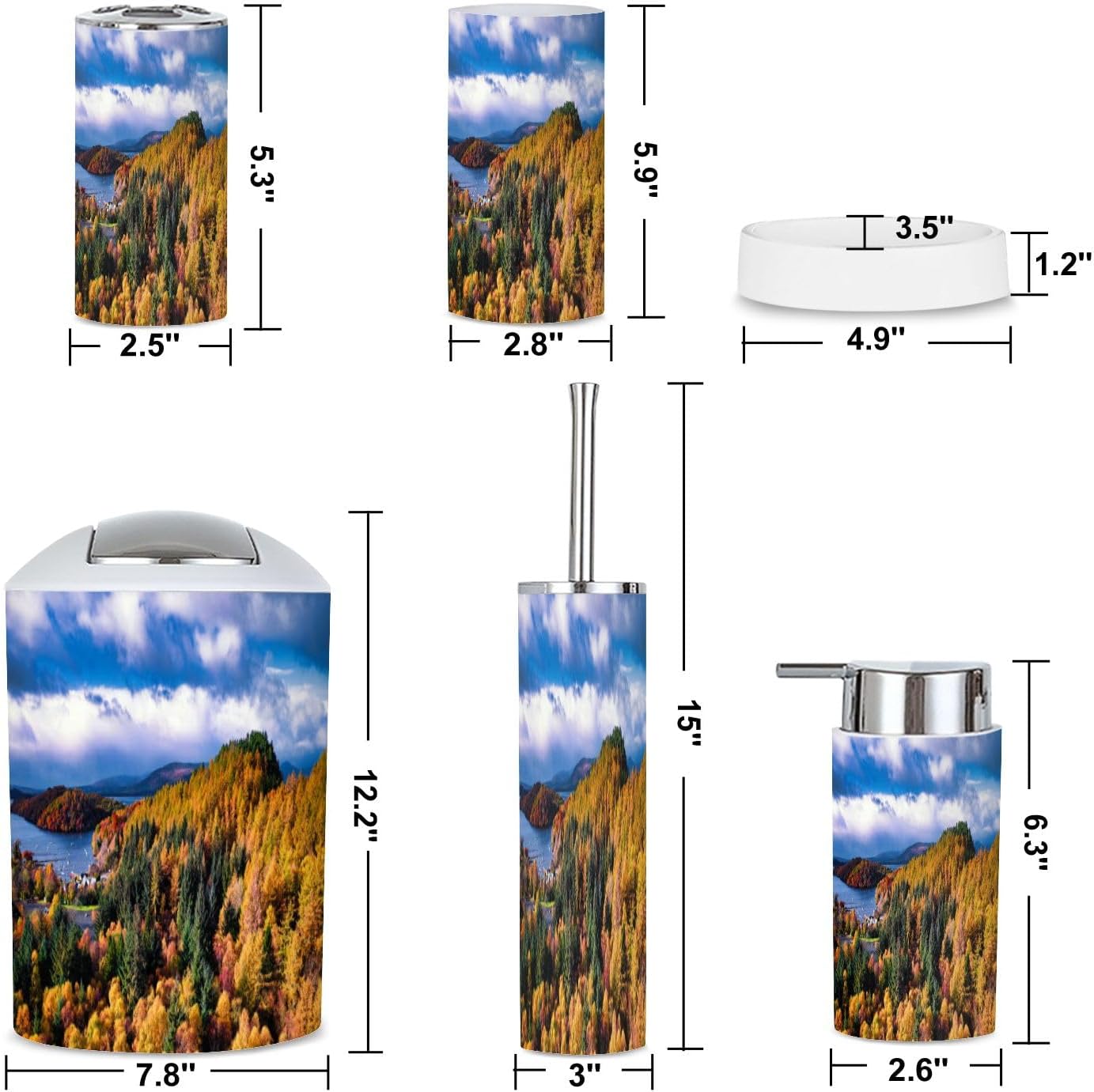 6 Piece Boho Bathroom Accessories Set with Scottish Highlands Design