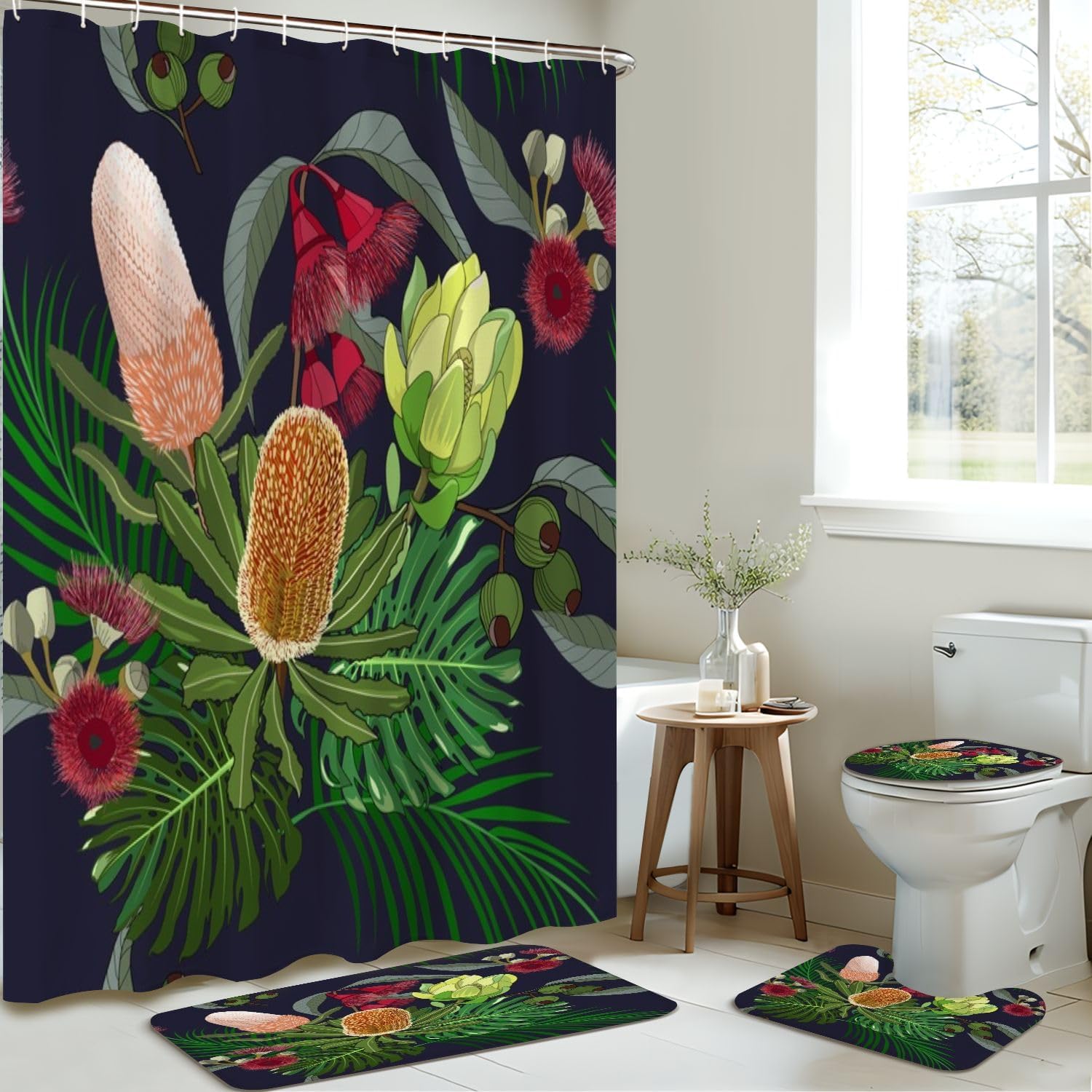4 Pieces Shower Curtain Set with Rugs and Toilet Lid Cover