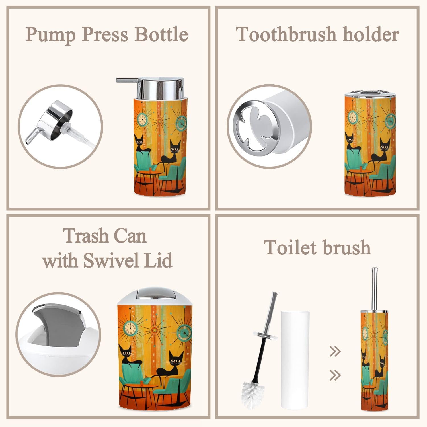 Retro Cats Bathroom Accessories Set 6 Piece 1