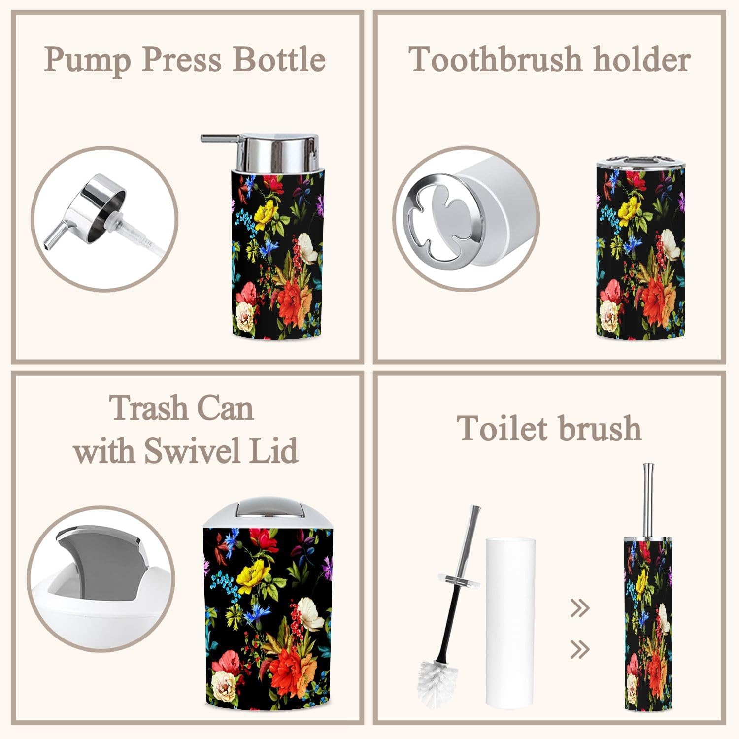 6 Piece Boho Bathroom Accessories Set with Flowers
