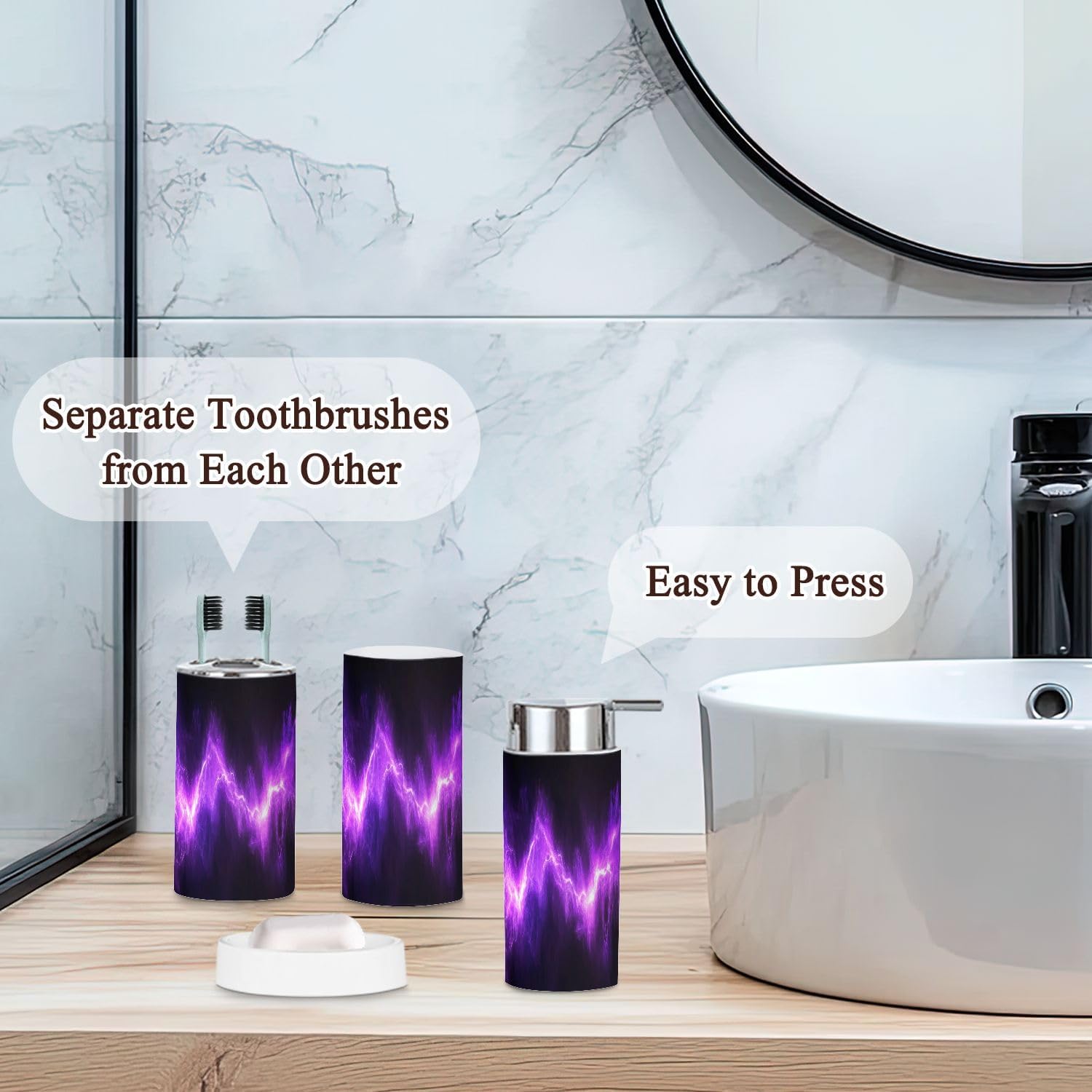 6 Piece Bathroom Accessories Set with Neon Purple Design