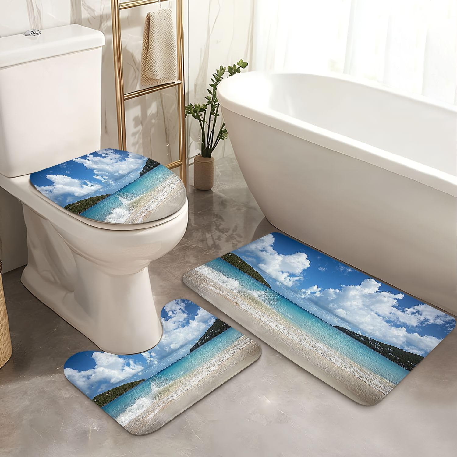 4 Piece Shower Curtain Set with Non-Slip Rugs and Cushions