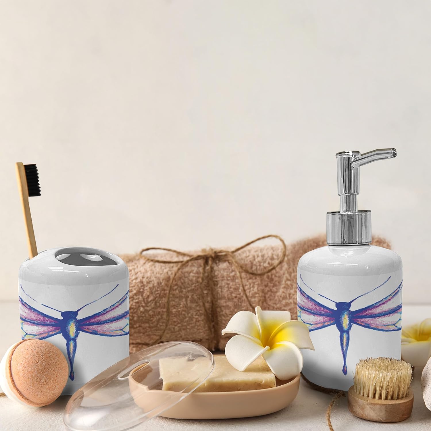 Ambesonne Dragonfly Ceramic Soap Dispenser Toothbrush Holder Set 2 Pcs