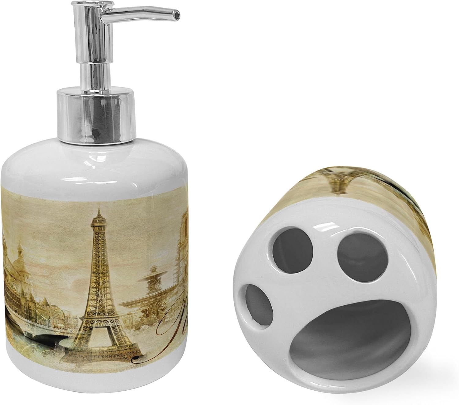 Ambesonne Paris Ceramic Soap Toothbrush Holder Set 2 Pcs Beige