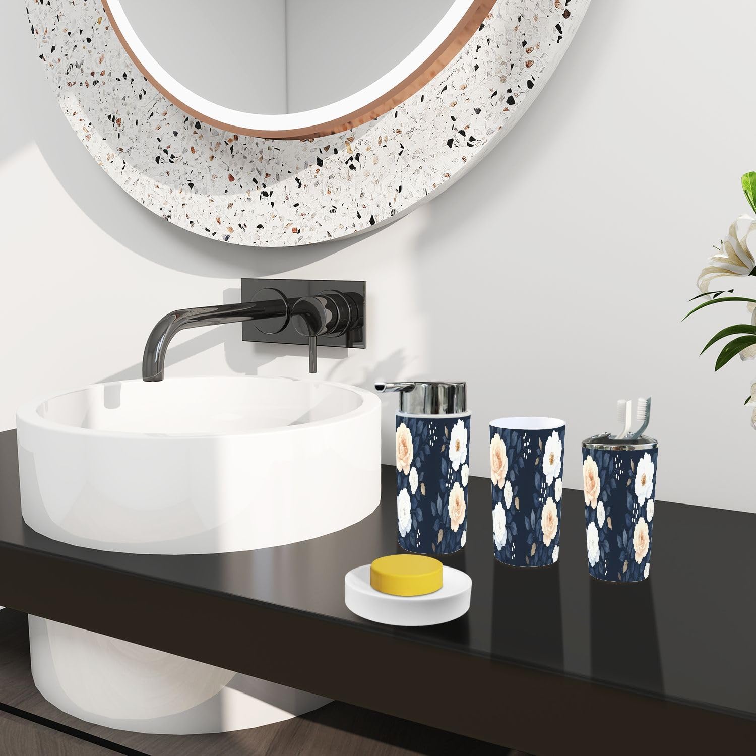 Boho Bathroom Accessory Set 6 Piece Blue Navy White