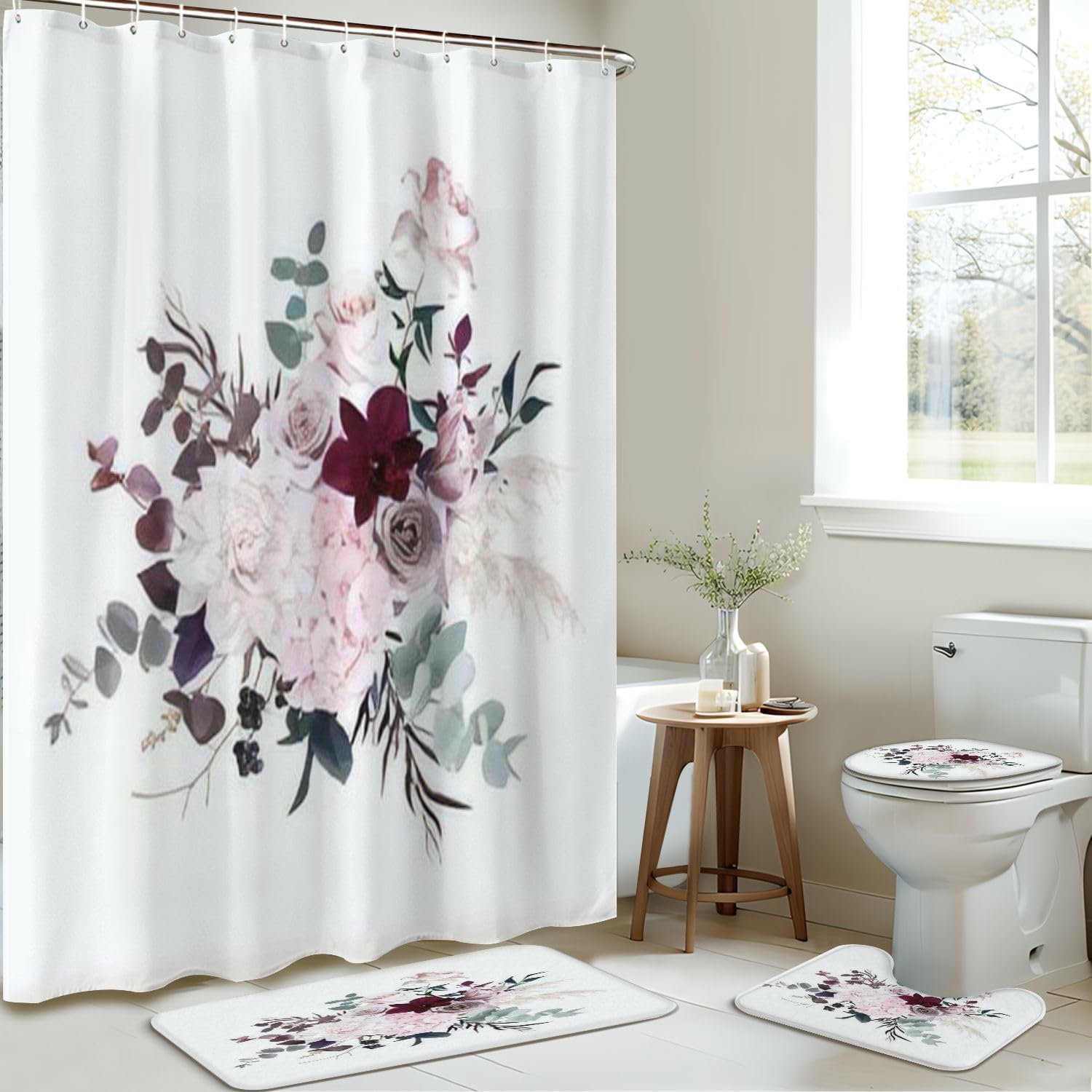 4 Pieces Dusty Pink Shower Curtain Set with Non-Slip Rugs