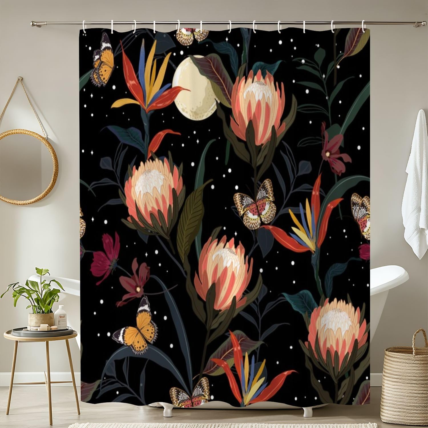 4 Piece Shower Curtain Set with Rugs and Night Stars Pattern