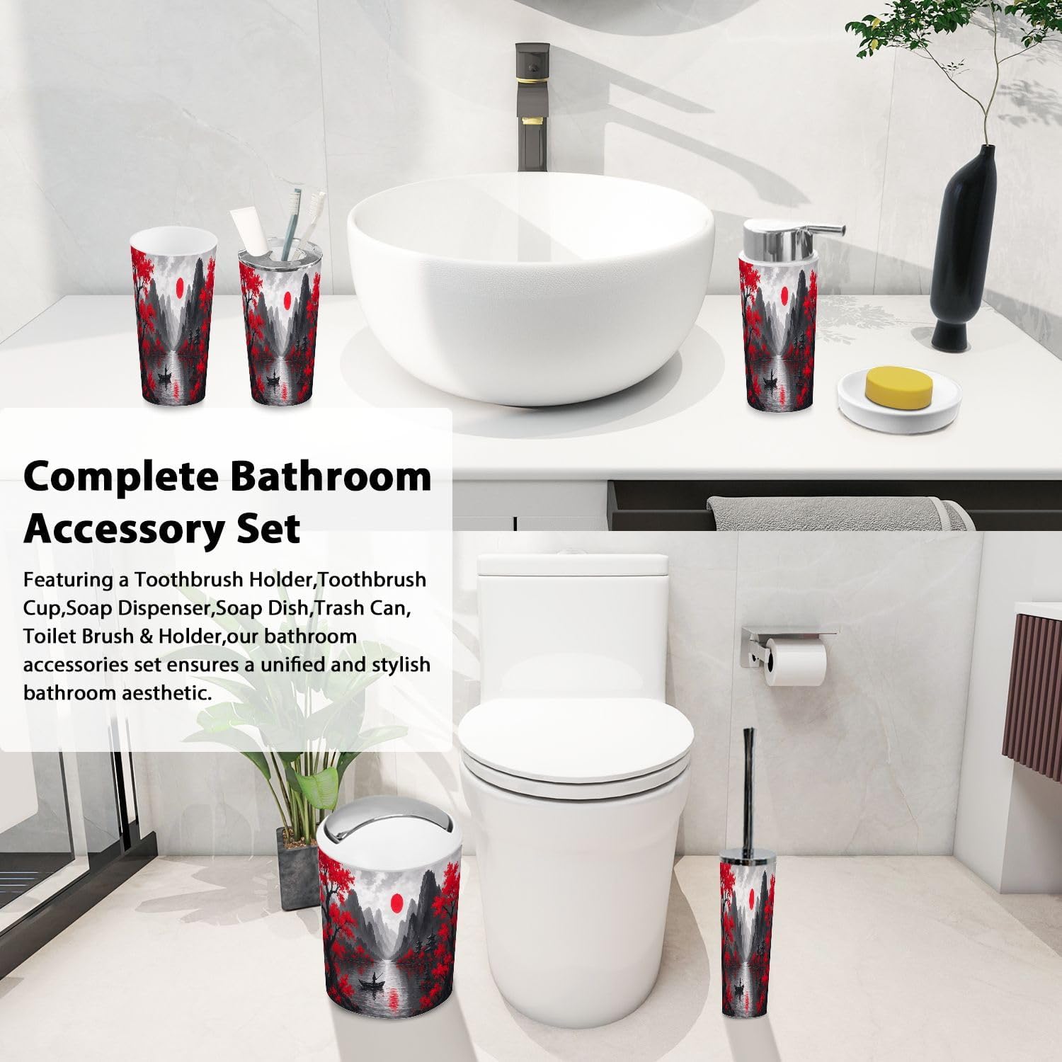 Boho Japanese Style 6-Piece Bathroom Accessory Set