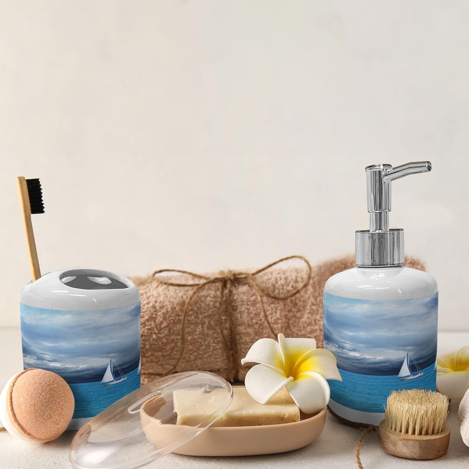 Ambesonne Ceramic Soap Toothbrush Holder Set Blue Grey Blue White