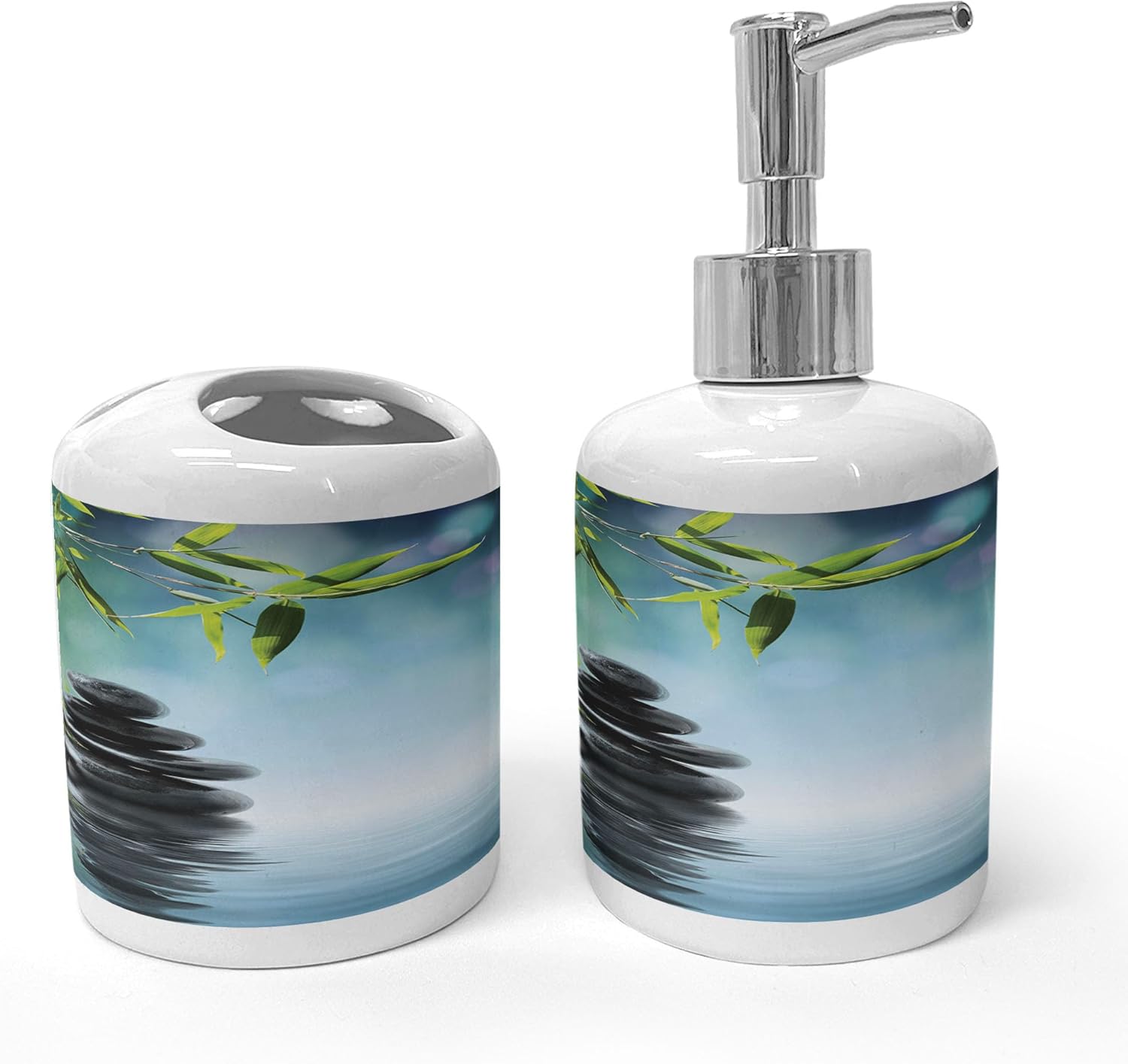 Ambesonne Ceramic Spa Soap Dispenser Toothbrush Holder Set 2 Pcs
