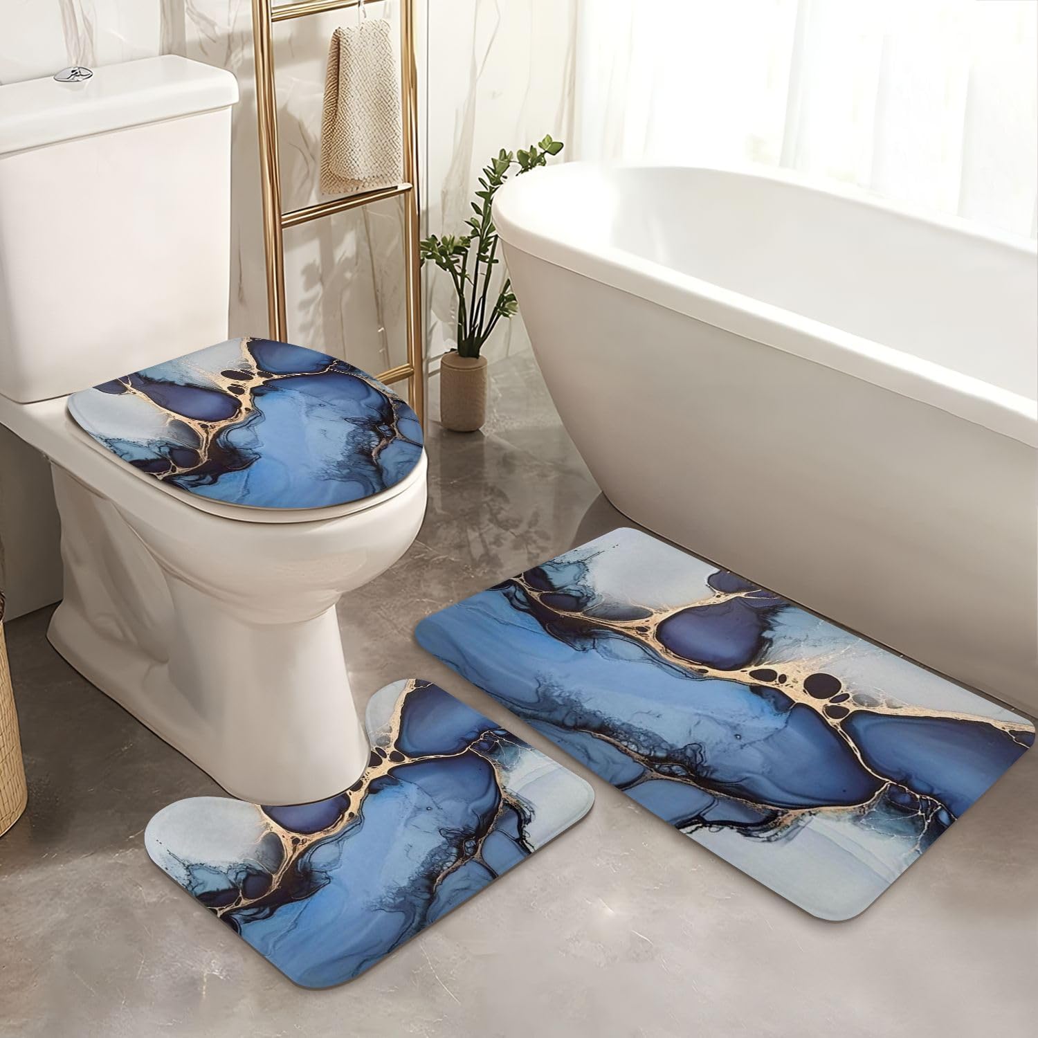 4 Piece Shower Curtain Set with Rugs Mats and Foamy Sprays Pattern