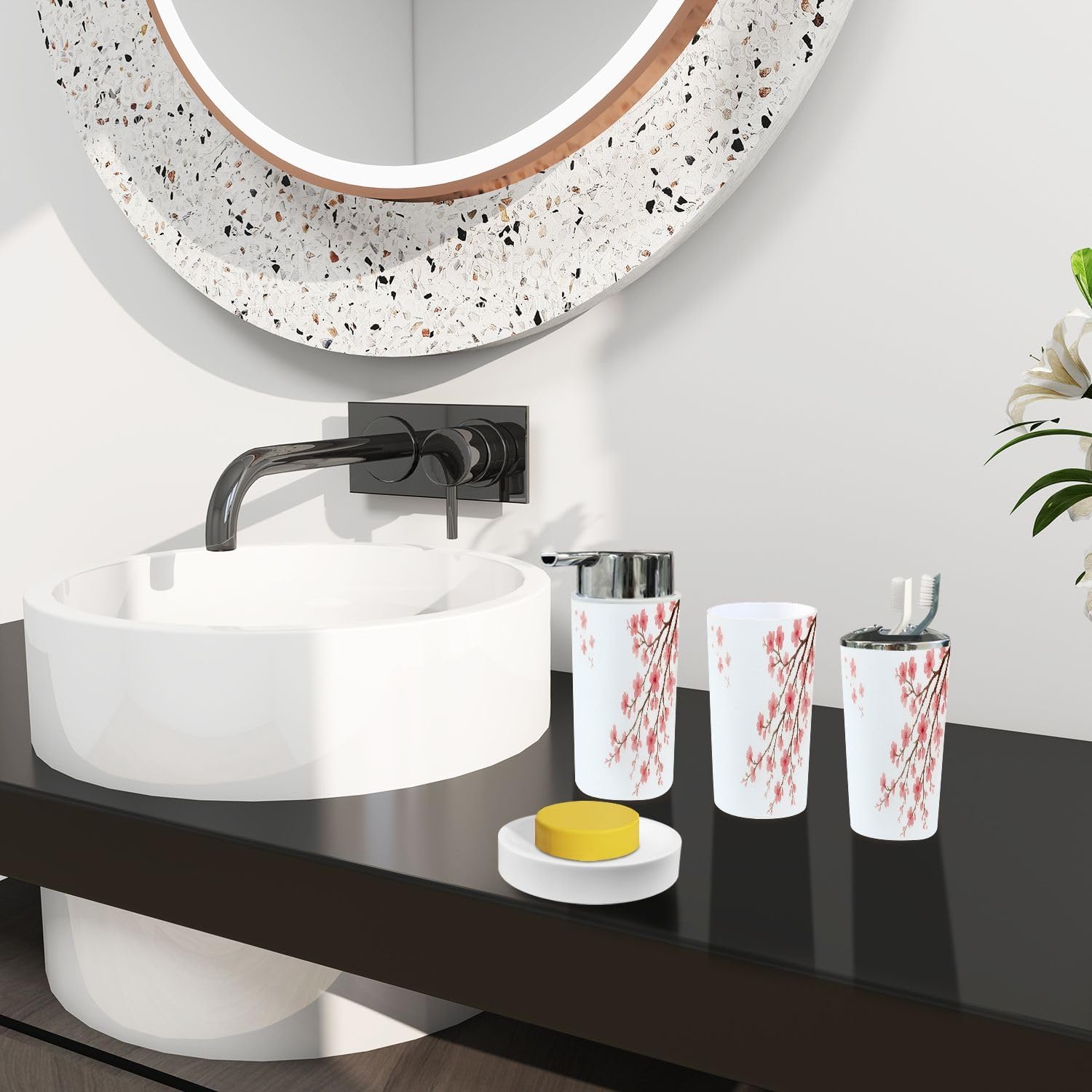 Boho Bathroom Accessory Set 6 Piece Cherry Blossom Design