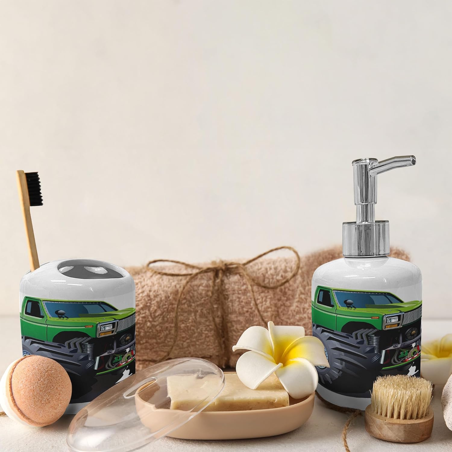 Ambesonne Giant Monster Truck Soap Dispenser Toothbrush Holder Set 2 Pcs Green Grey