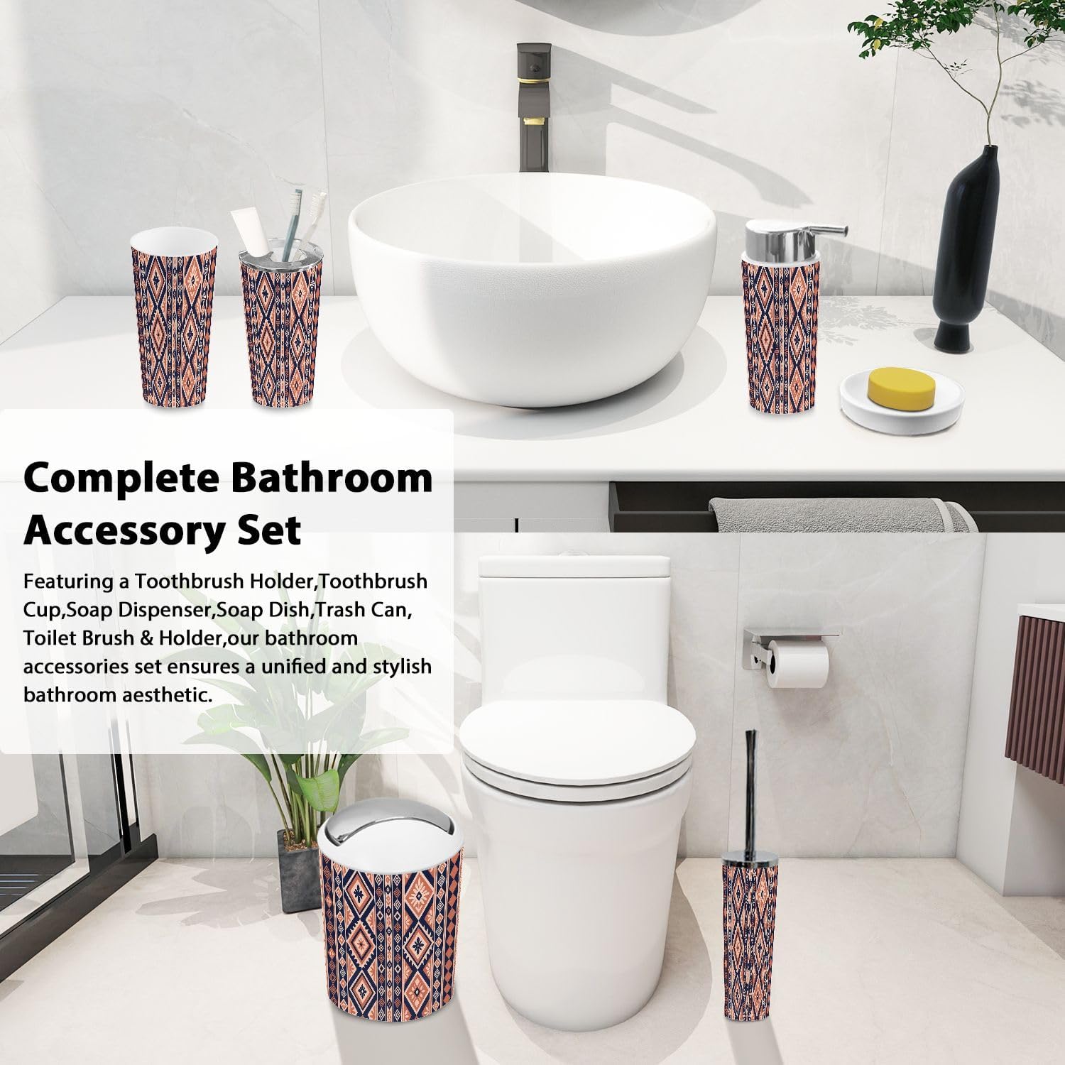 Boho Ethnic Bathroom Accessory Set 6 Piece