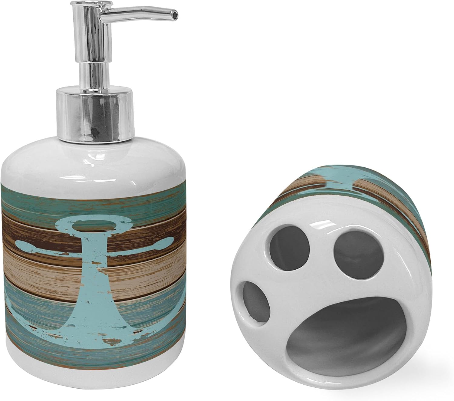 Ambesonne Anchor Soap Dispenser Toothbrush Holder Set Pale Blue Brown Teal