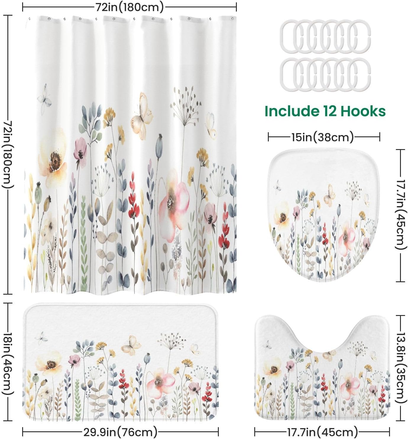 JCOOKLOFTS 4 Piece Shower Curtain Set with Rugs