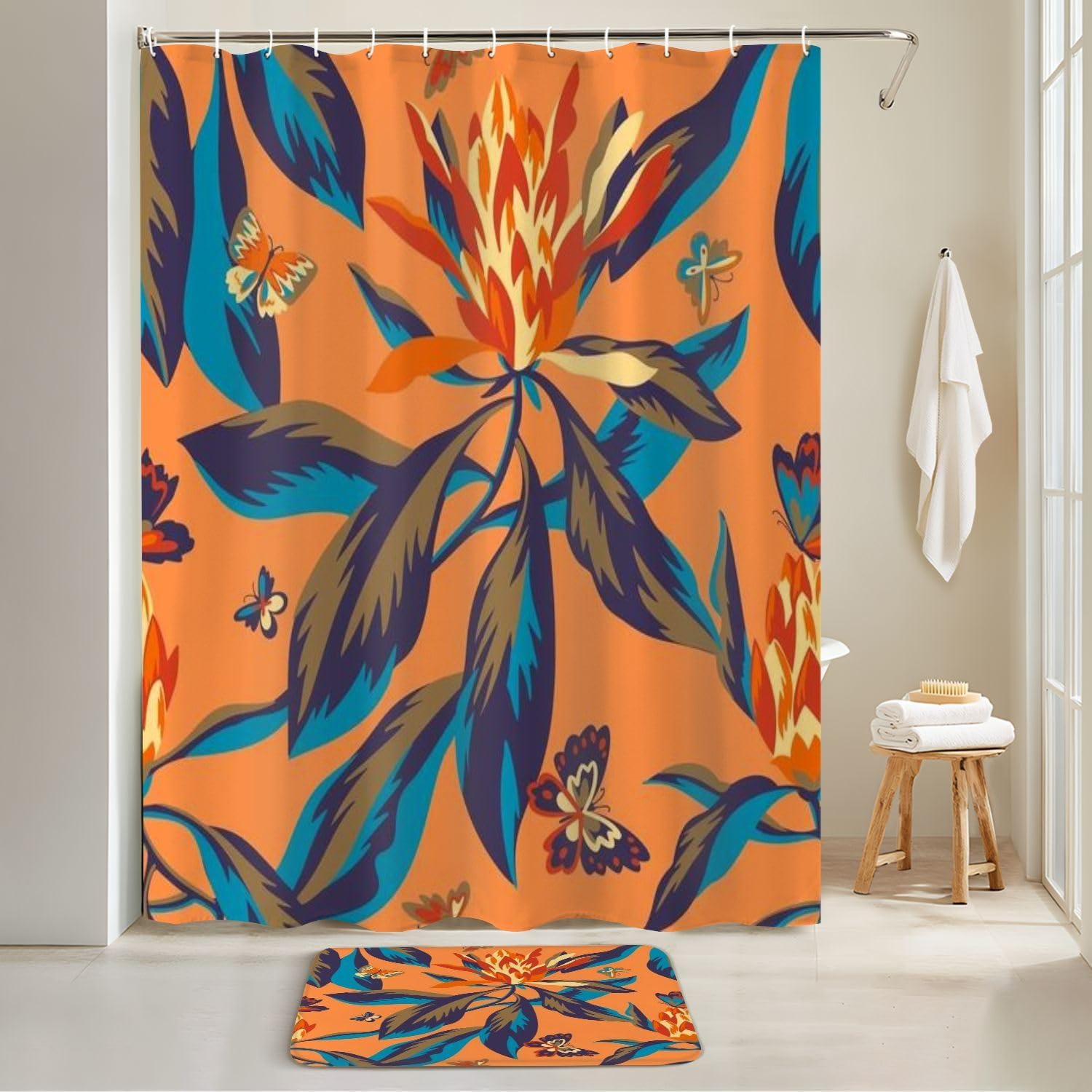 JCOOKLOFTS 4-Piece Shower Curtain Set with Rugs and Toilet Lid Cover