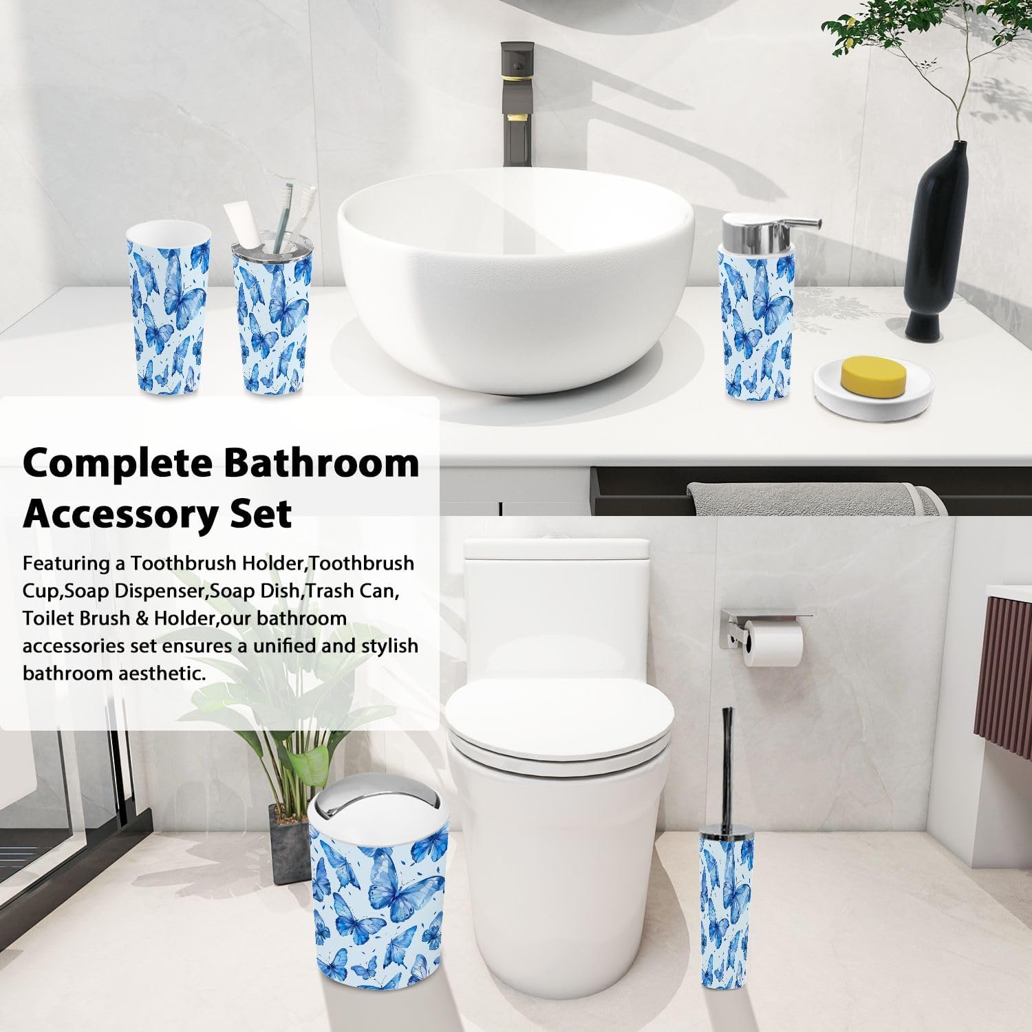 Boho Bathroom Accessory Set 6 Piece Blue Butterfly Design