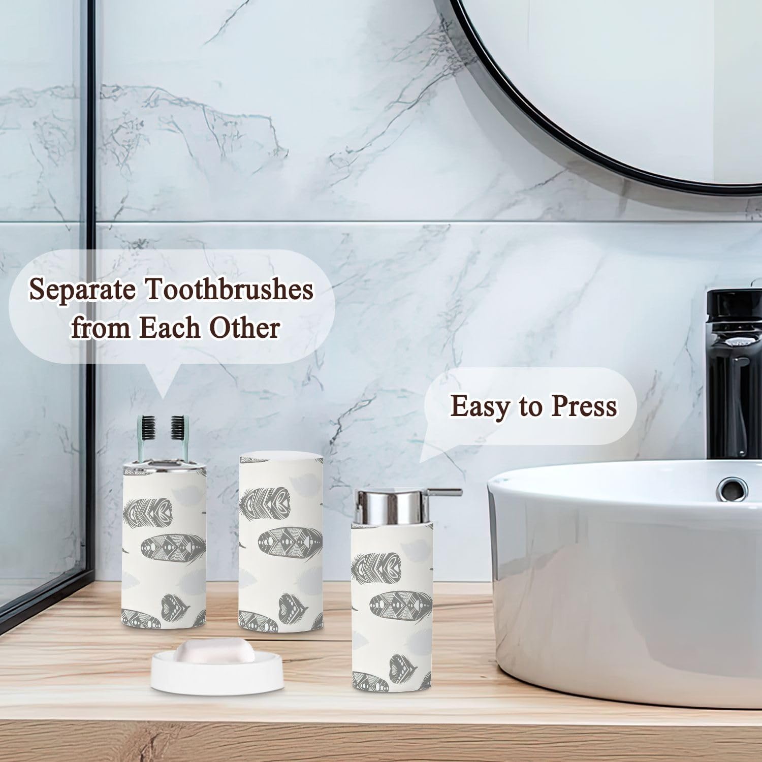 6 Pcs Bathroom Accessories Set with Feather Silhouettes Design