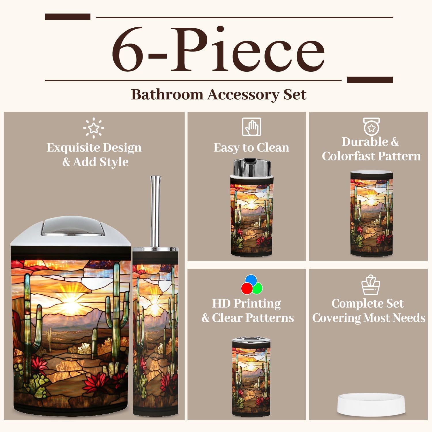 6 Piece Boho Bathroom Decor Set with Cacti Design