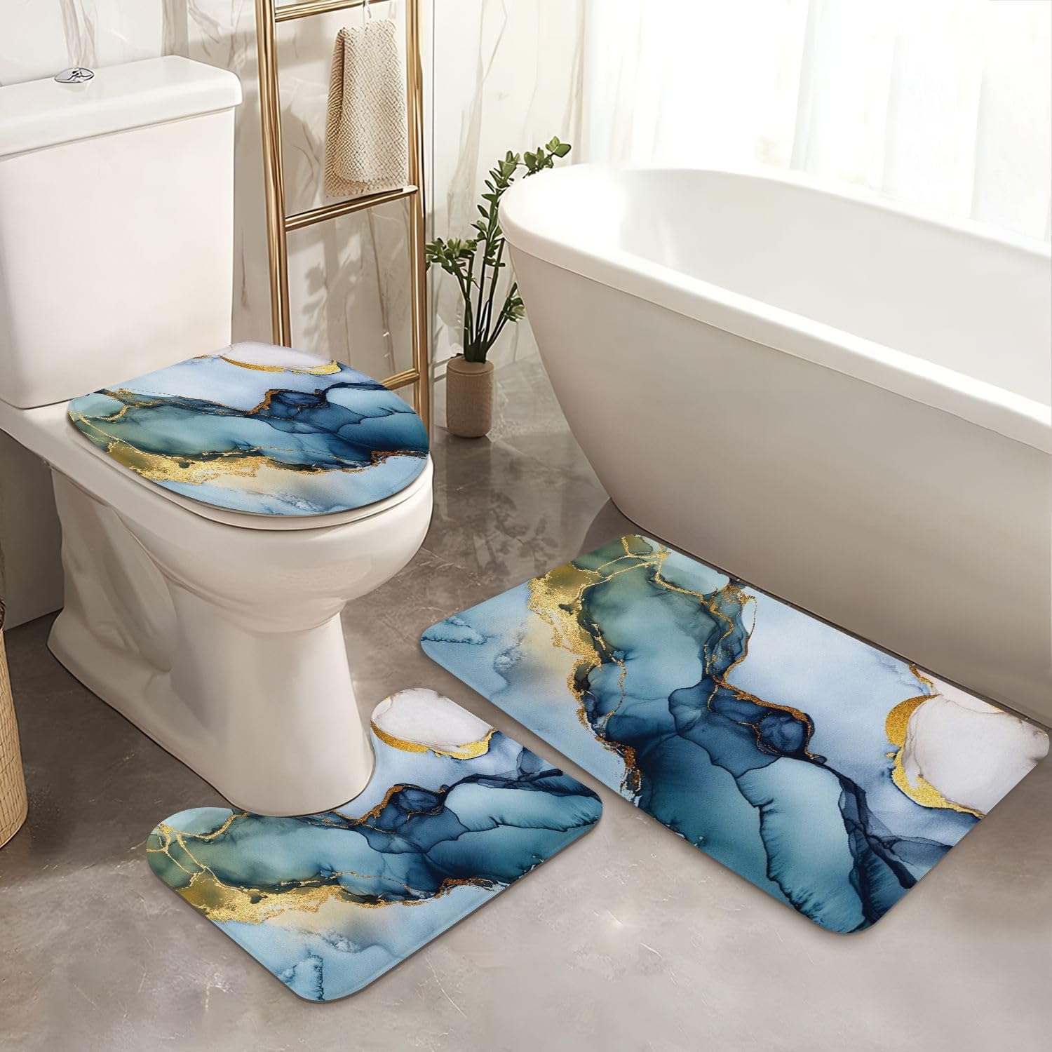 4 Piece Shower Curtain Set with Rugs Mats and Non-Slip Design