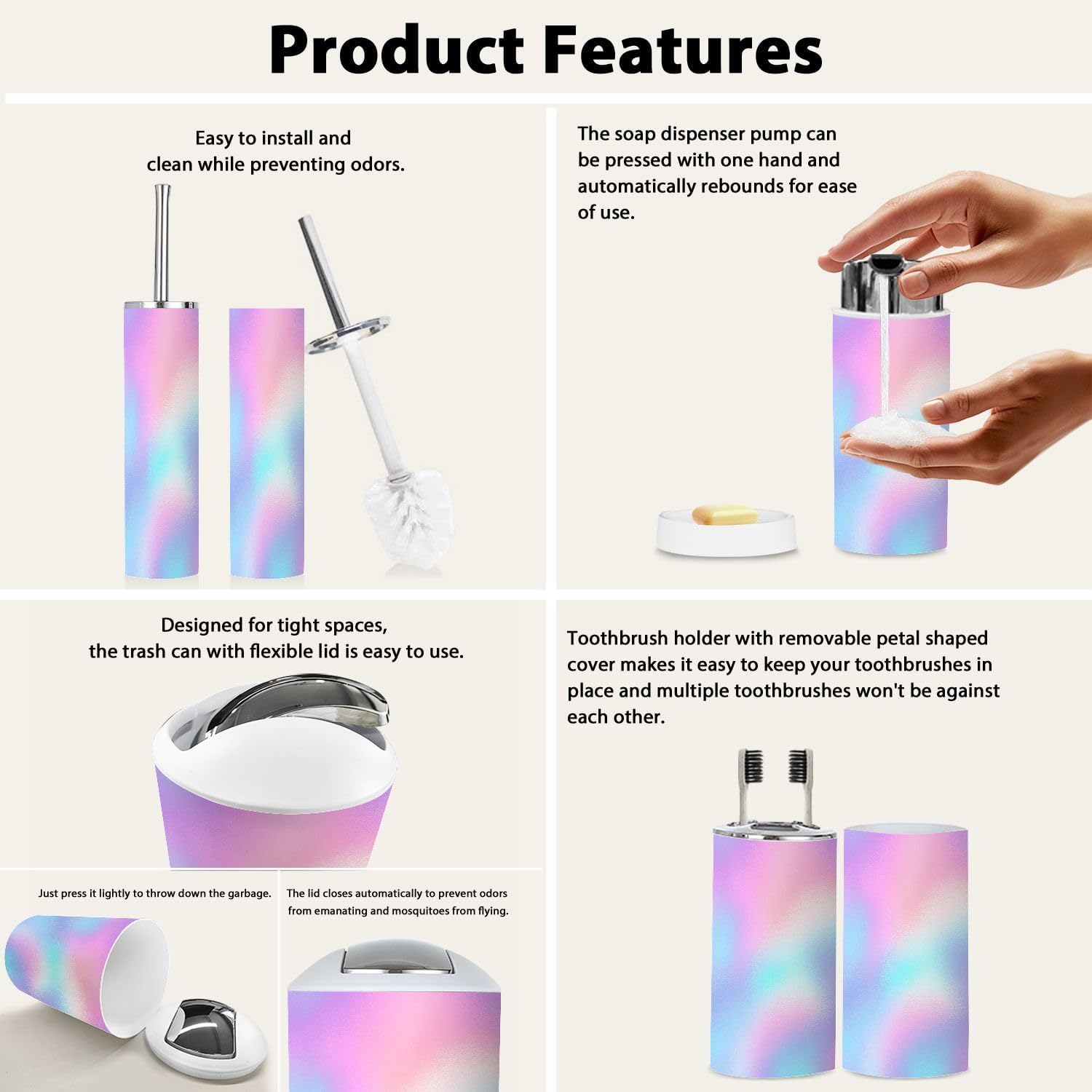 Boho Pastel Iridescent Rainbow Trash Can Set