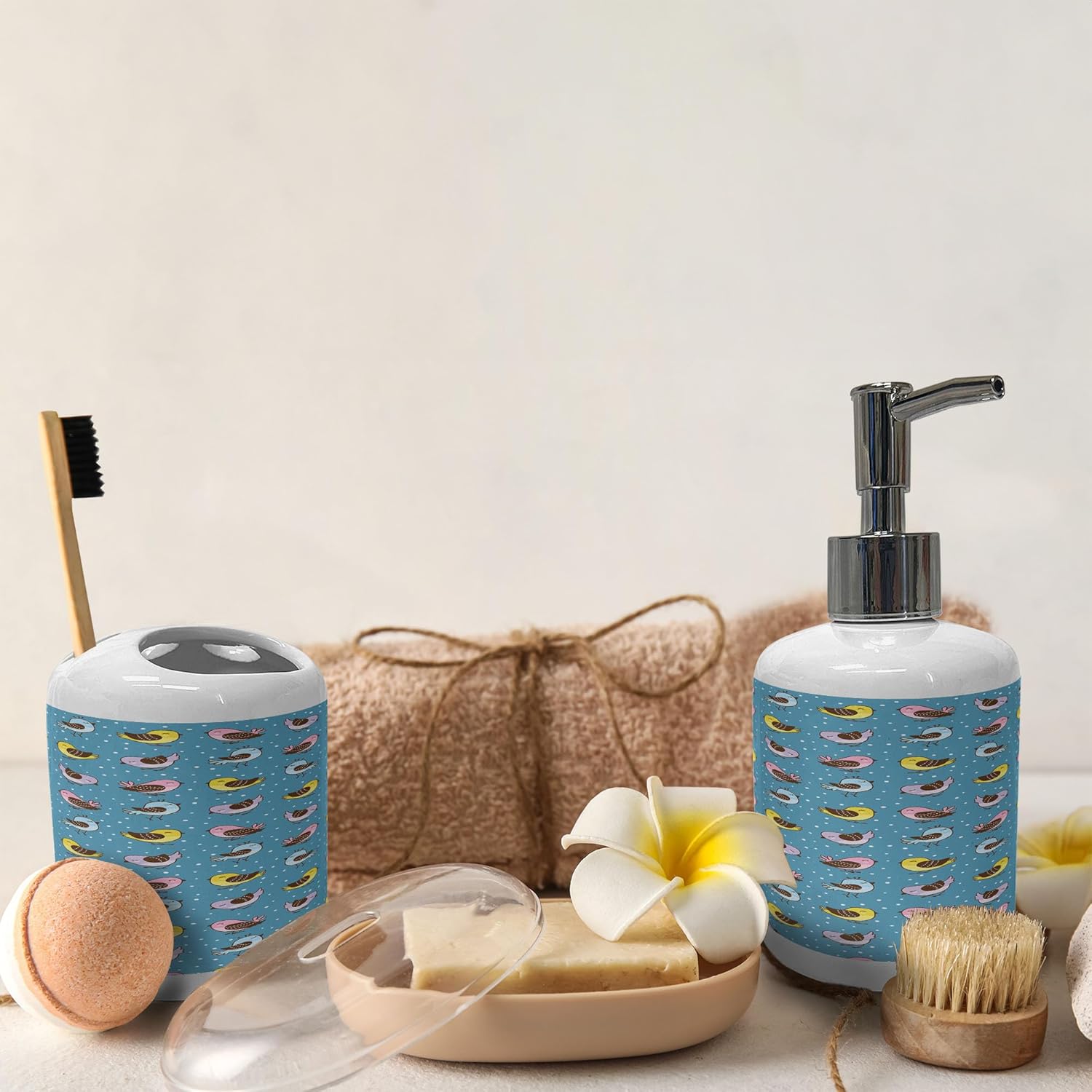 Ambesonne Animals Soap Dispenser Toothbrush Holder Set 1