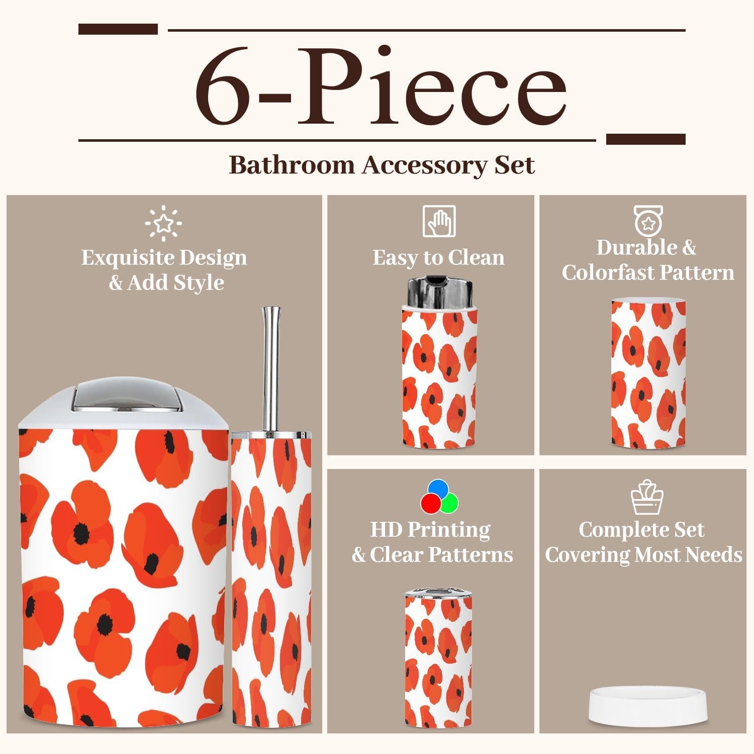 6 Piece Boho Bathroom Accessories Set with Flower Print