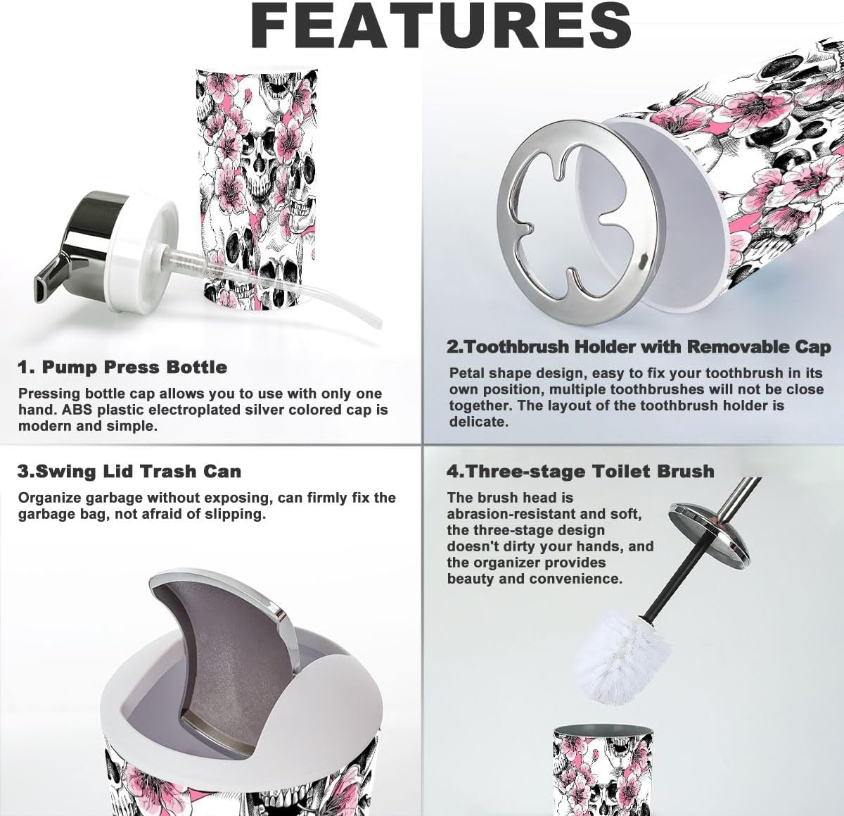 6 Pcs Bathroom Accessories Set Skull Flowers Toothbrush Holder Soap Dispenser