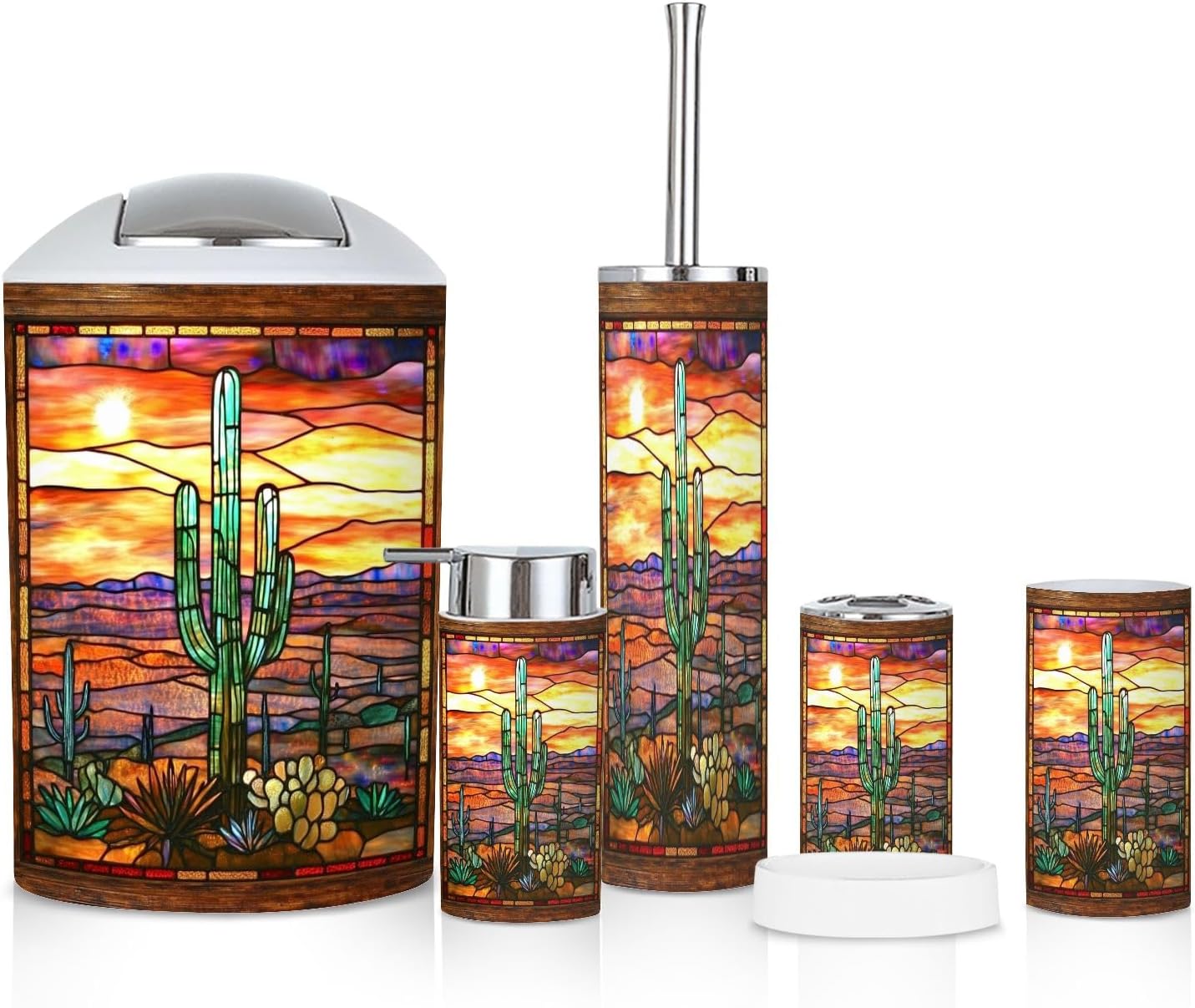 6 Piece Bathroom Accessories Set Textured Sunset Cactus Art
