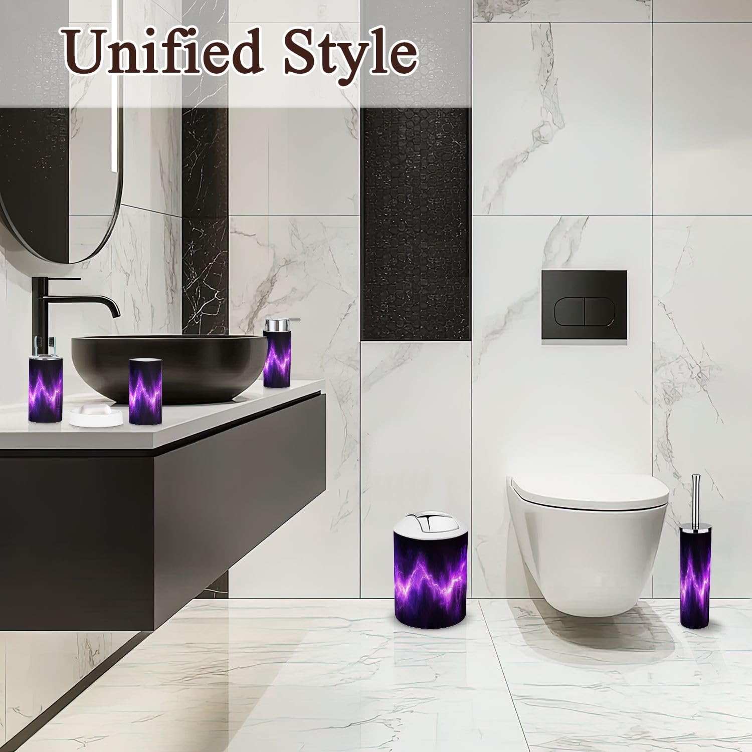 6 Piece Bathroom Accessories Set with Neon Purple Design