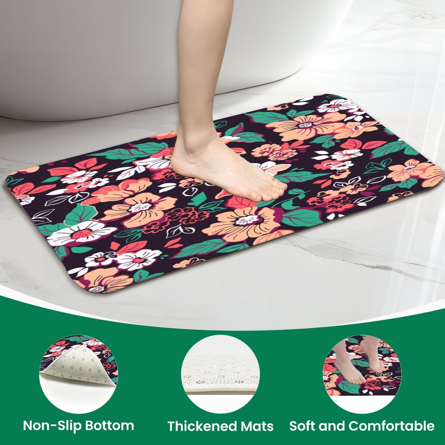 4 Piece Shower Curtain Set with Rugs Mats and Floral Pattern