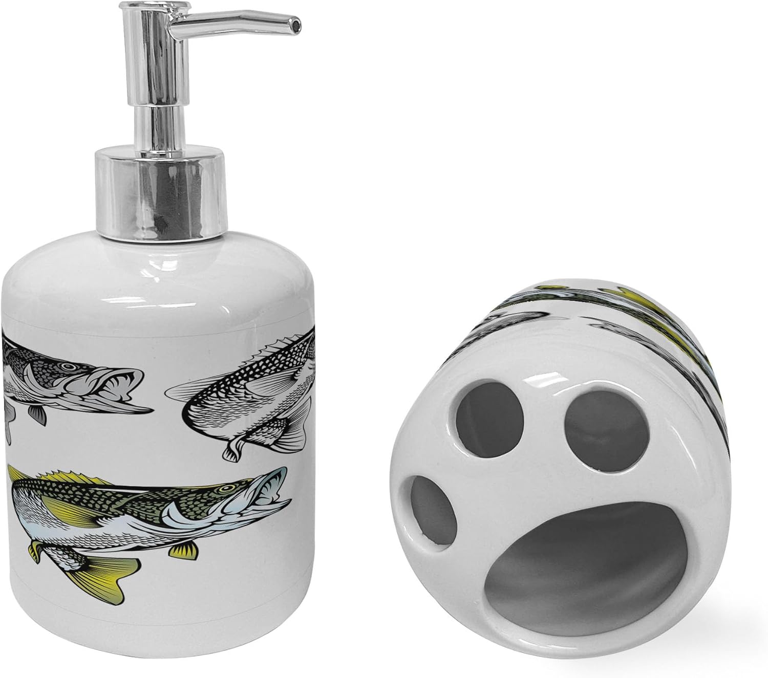 Ambesonne Bass Fish Soap Dispenser Toothbrush Holder Set 2 Pcs