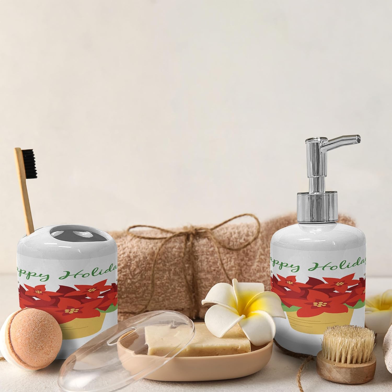 Ambesonne Poinsettia Soap Dispenser Toothbrush Holder Set