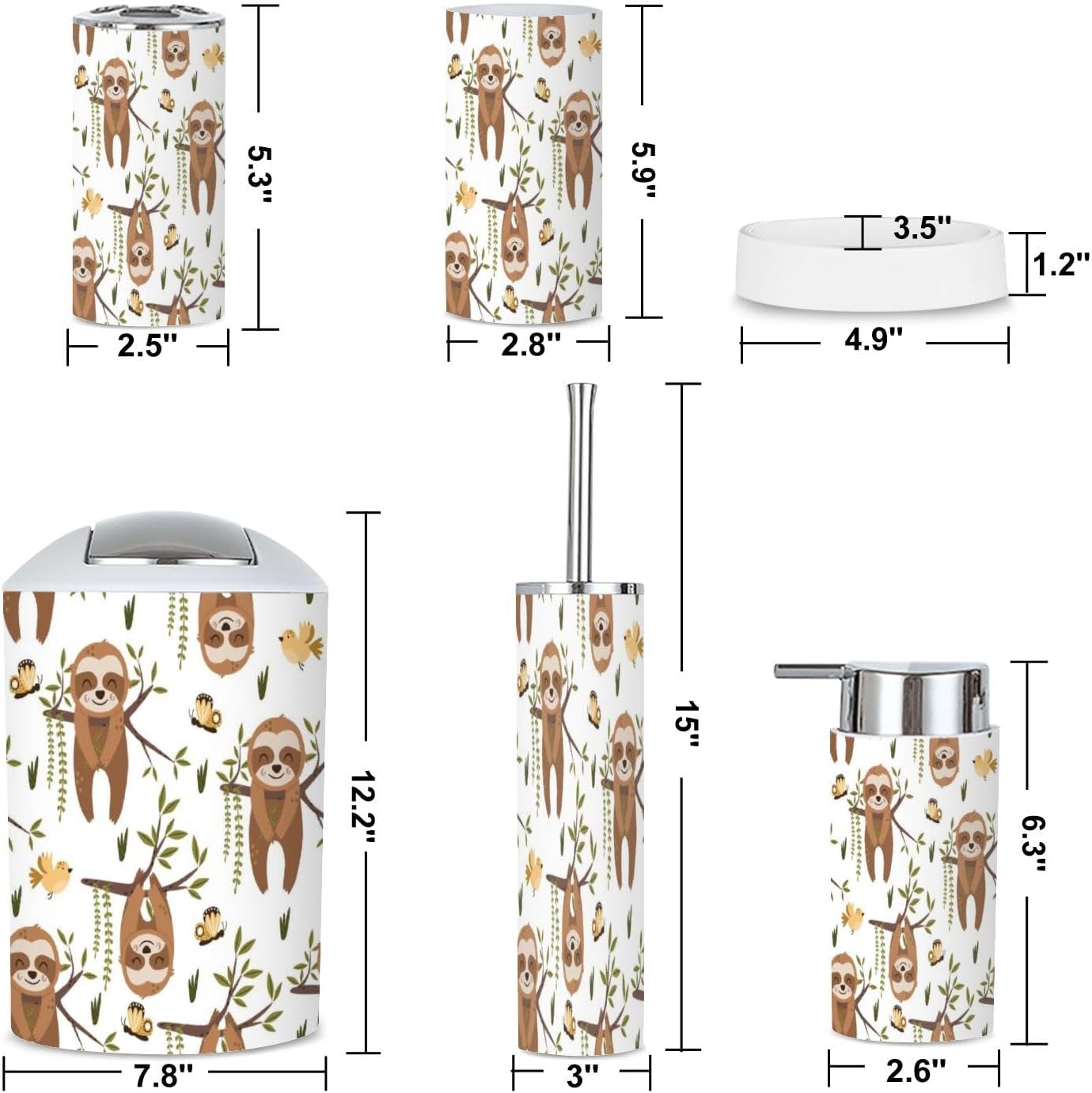 6 Piece Bathroom Accessories Set Sloth Design