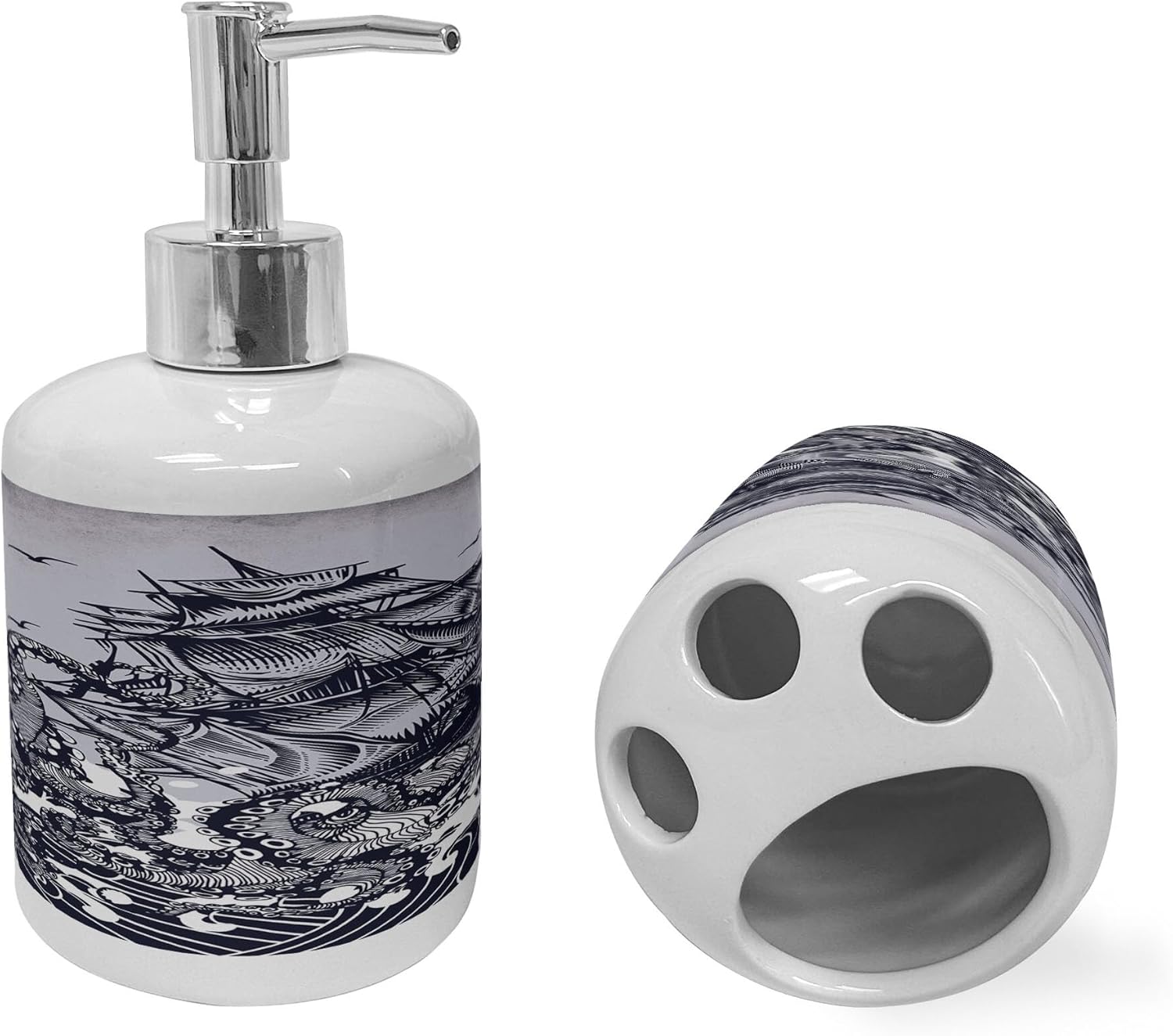 Ambesonne Nautical Soap Dispenser Toothbrush Holder Set Indigo Purple Blue
