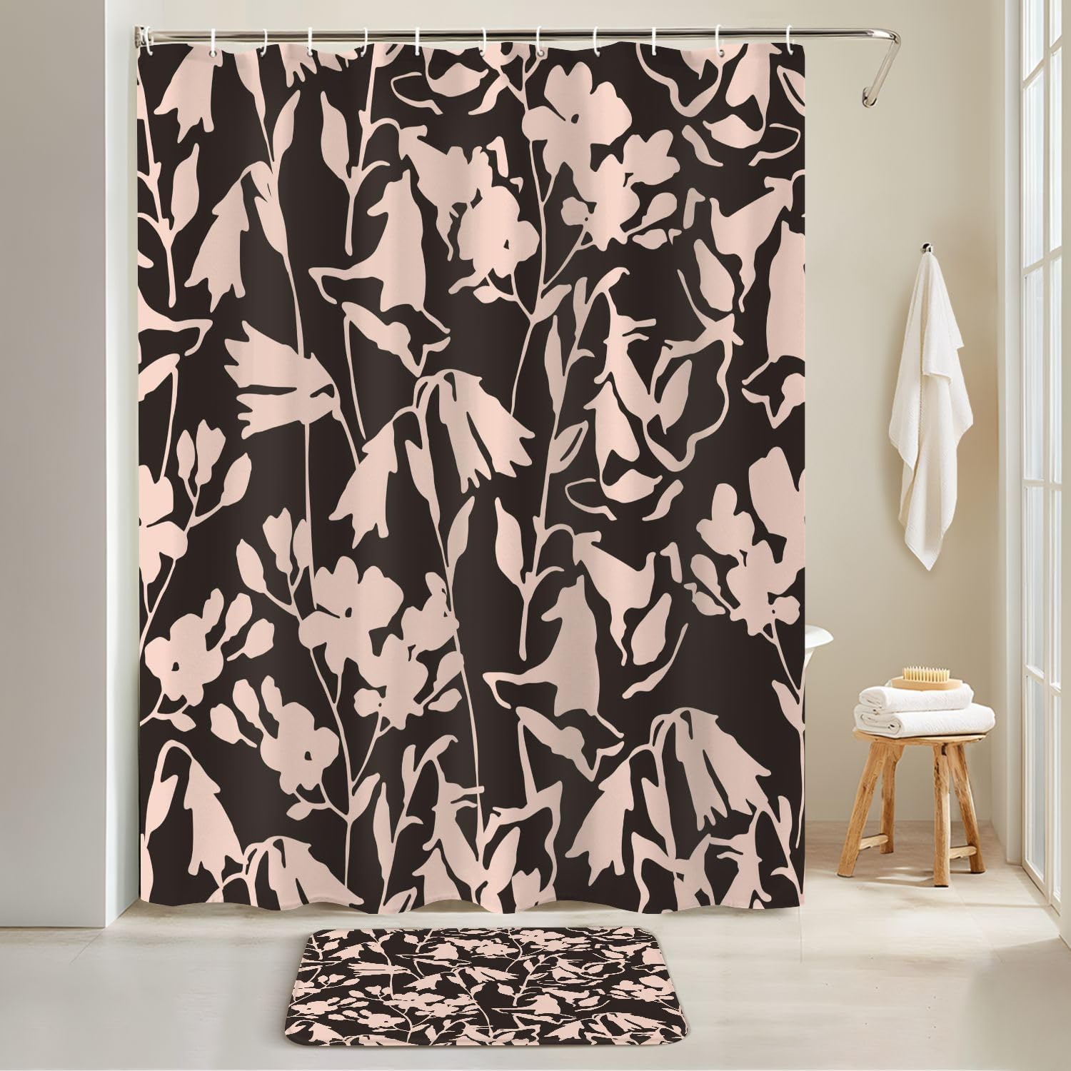 4 Piece Shower Curtain Set with Floral Pattern