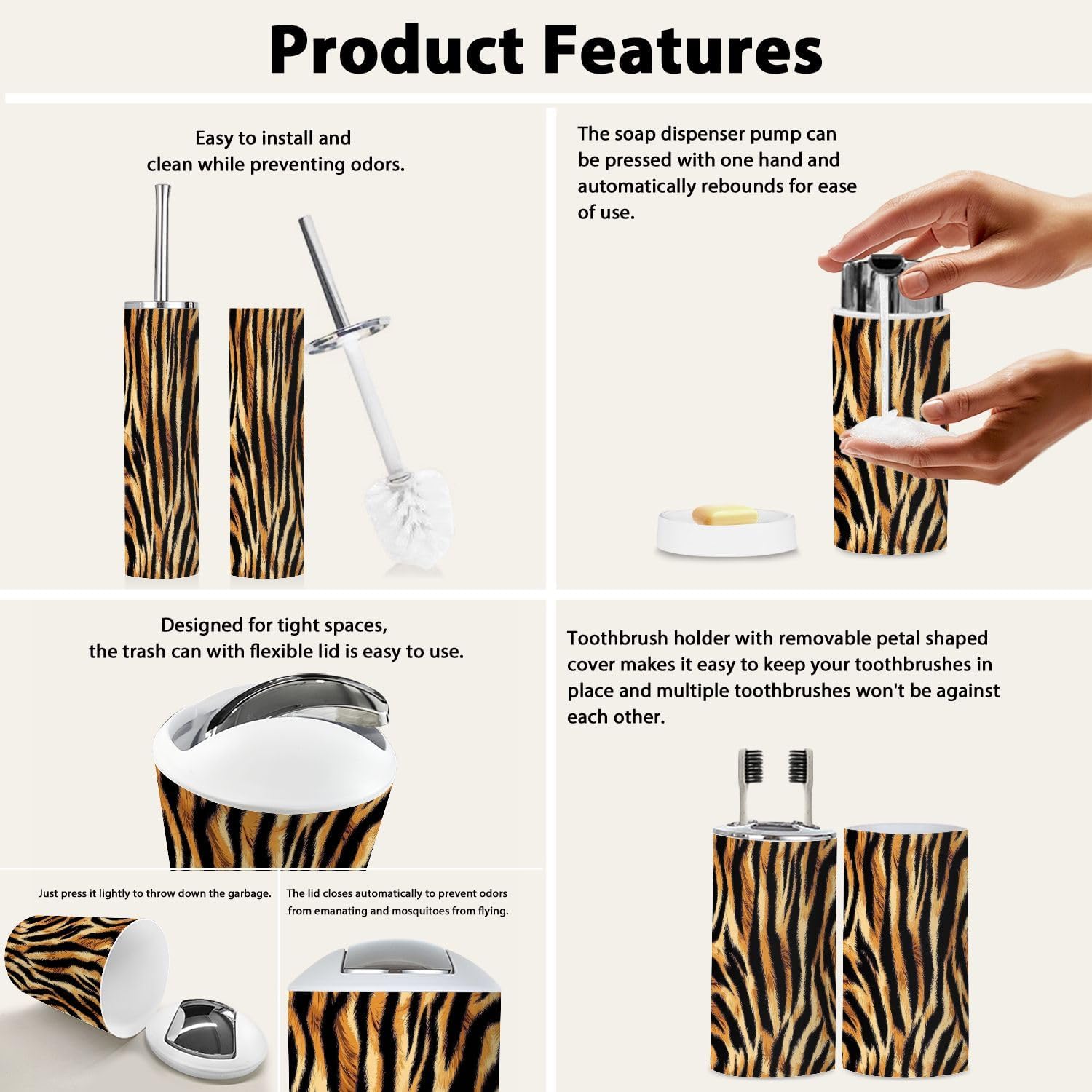 TRANQDEHOM 6-Piece Boho Tiger Skin Pattern Bathroom Accessory Set