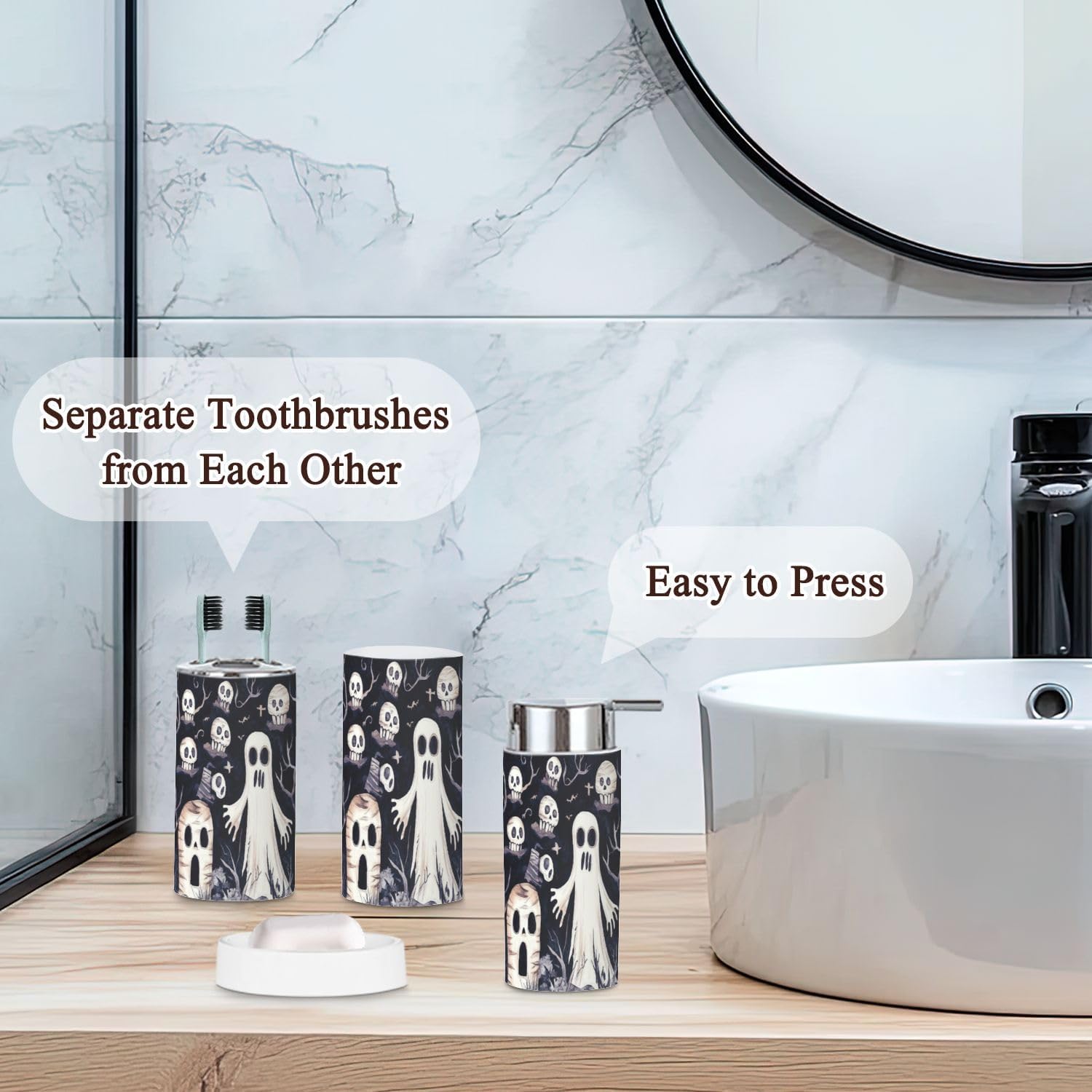 6 Piece Bathroom Accessories Set with Cute Ghosts Design