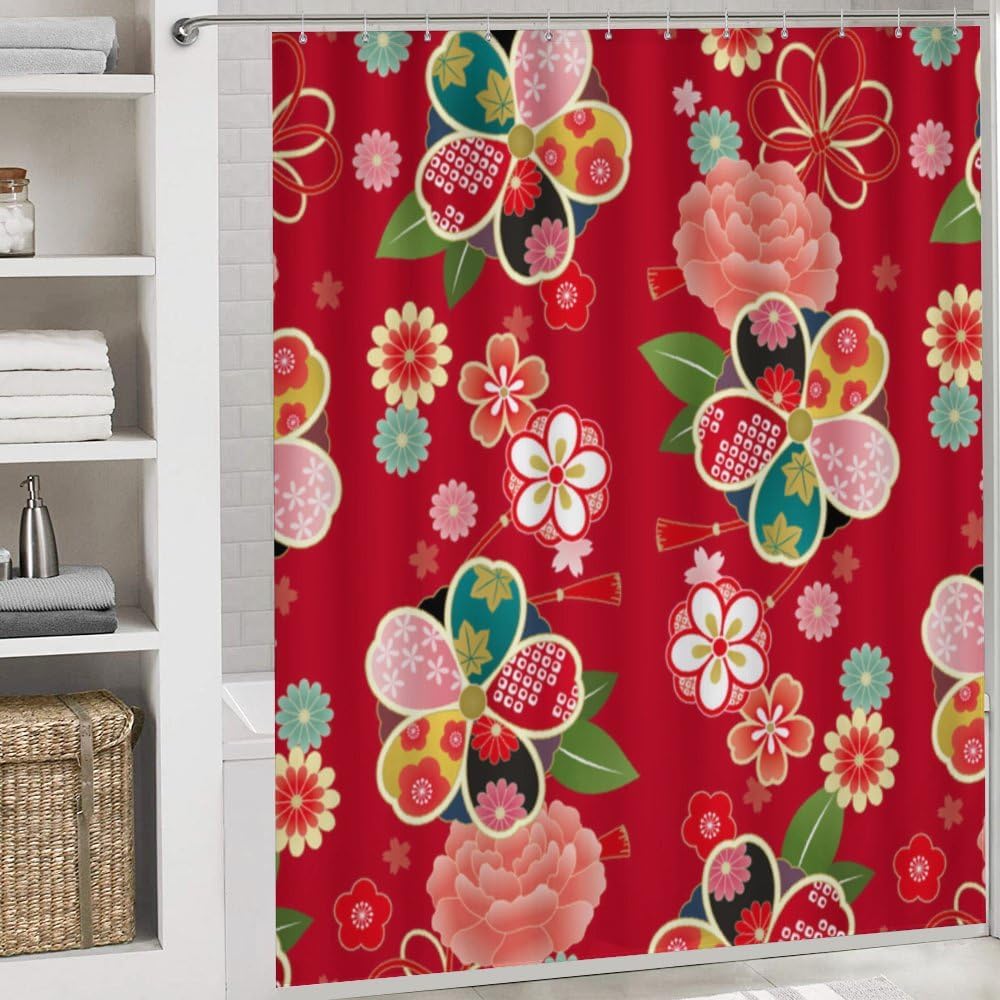 Kuizee Retro Japanese Red Shower Curtain Set with 4 Pieces Non-Slip Rugs