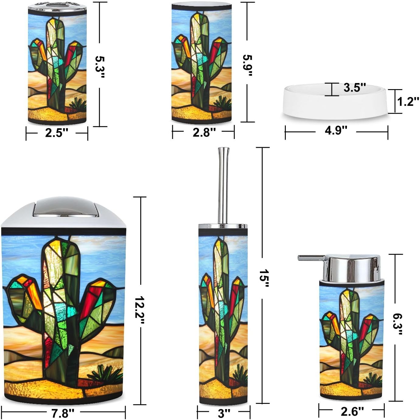 6 Piece Bathroom Accessories Set Stained Glass Cactus Decor