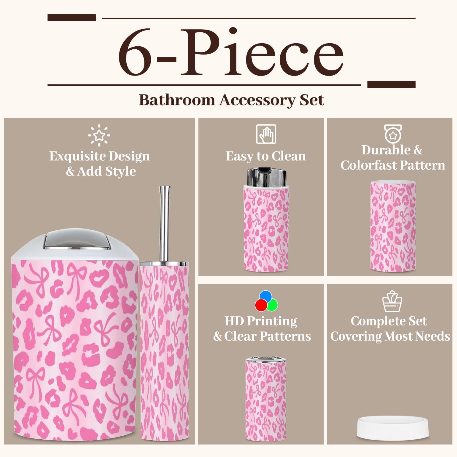 6 Piece Bathroom Accessories Set with Ombre Leopard Print Bow